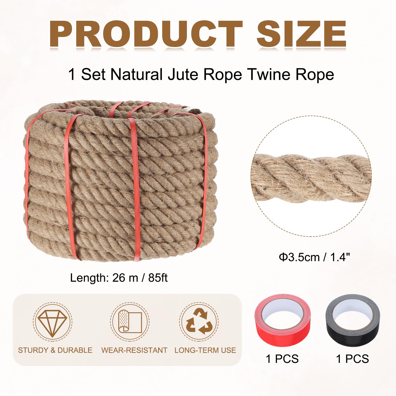 QUARKZMAN Corda Di Juta 1.4 Pollici X 85 Piedi Spessa Naturale Pesante Corda Intrecciata Con 2 Rotoli Di Nastro Per Artigianato Ringhiera Moli Tiro Alla Fune Altalena nautico Paesaggistica
