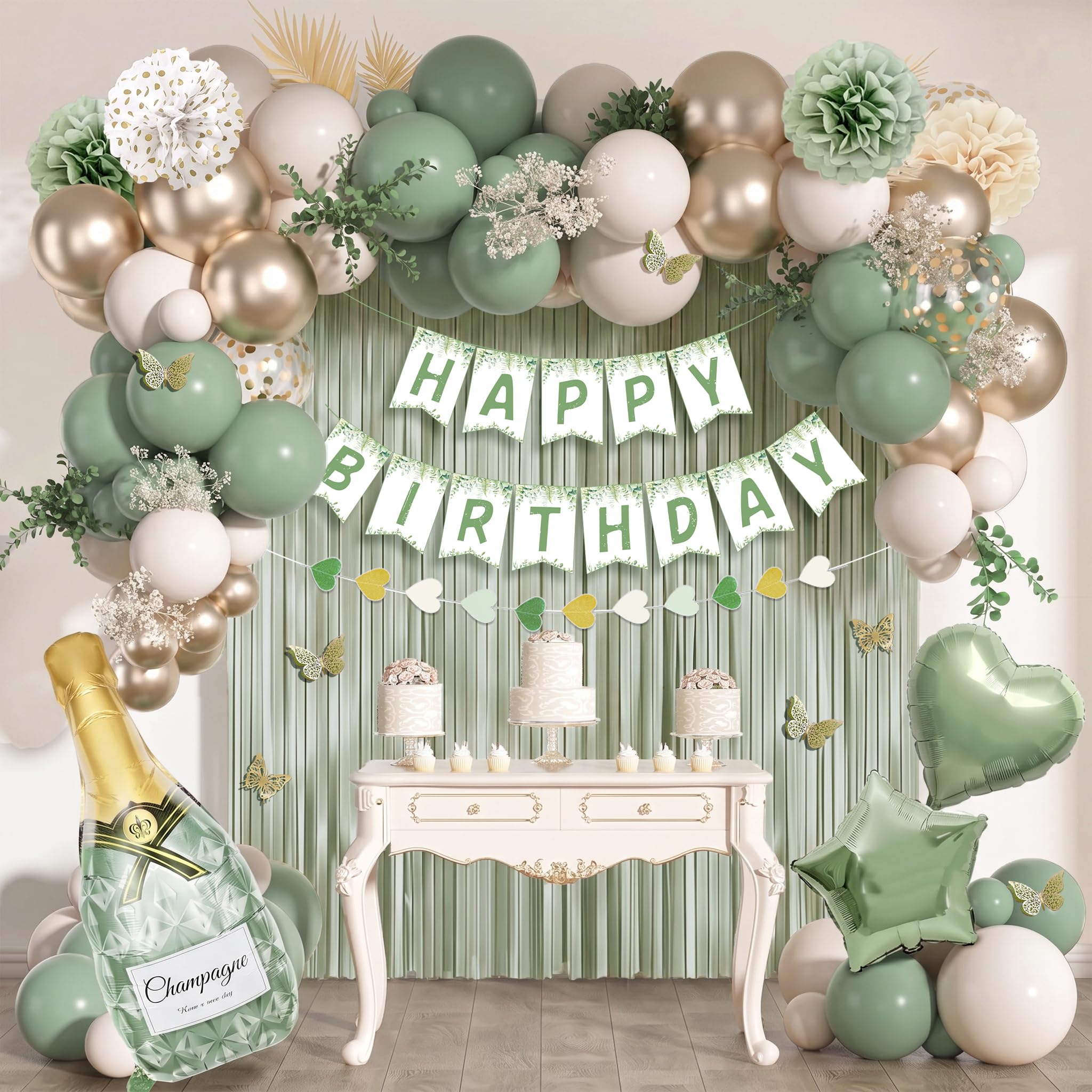 Ouddy Life Decoración de cumpleaños verde salvia, cortina de flecos de globos de confeti verde blanco y dorado, pancarta de feliz cumpleaños, decoración de pastel para mujeres, niñas, niños, neutro,