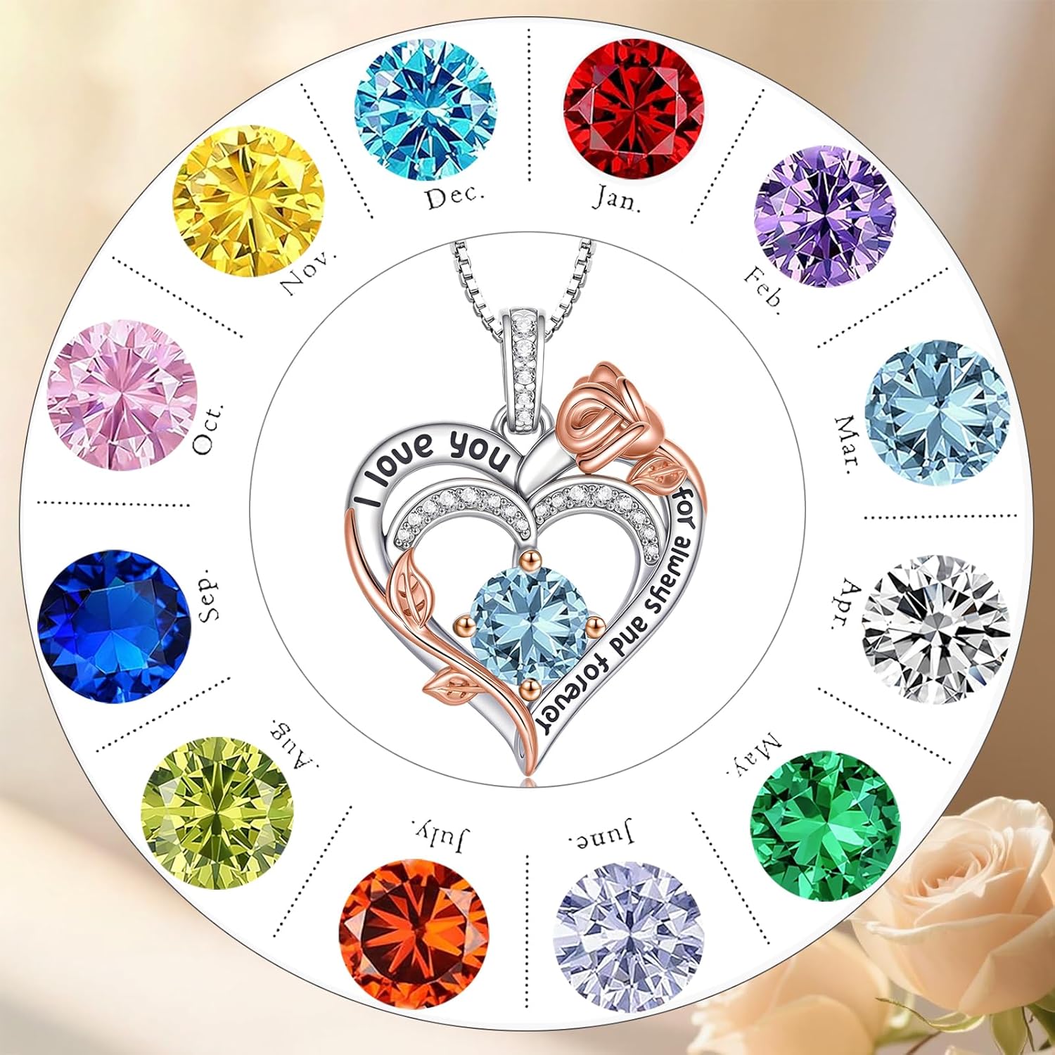 Rose Birthstone Heart Necklaces for Women S925 Sterling Silver I Love You Jewelry Gift for Women Birthday Wedding Anniversary, Mother’s Day Gifts for Mom, Mother, Wife, Girlfriend with Birthstone Pendent Necklace - Image 6