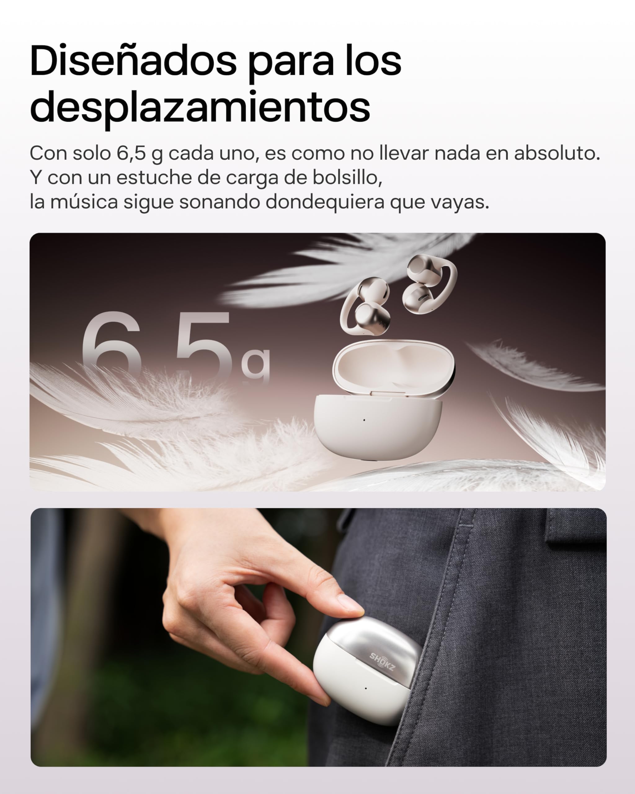 SHOKZ OpenDots One Auriculares Open-Ear Clip-on, Bluetooth 5.4, 6,5g, Gris | Dolby Audio Premium|4 Mics. con Cancelación Ruido|Ligeros 6,5g|40H de Batería|con Paño de Limpieza|Deportivos|Oído Abierto