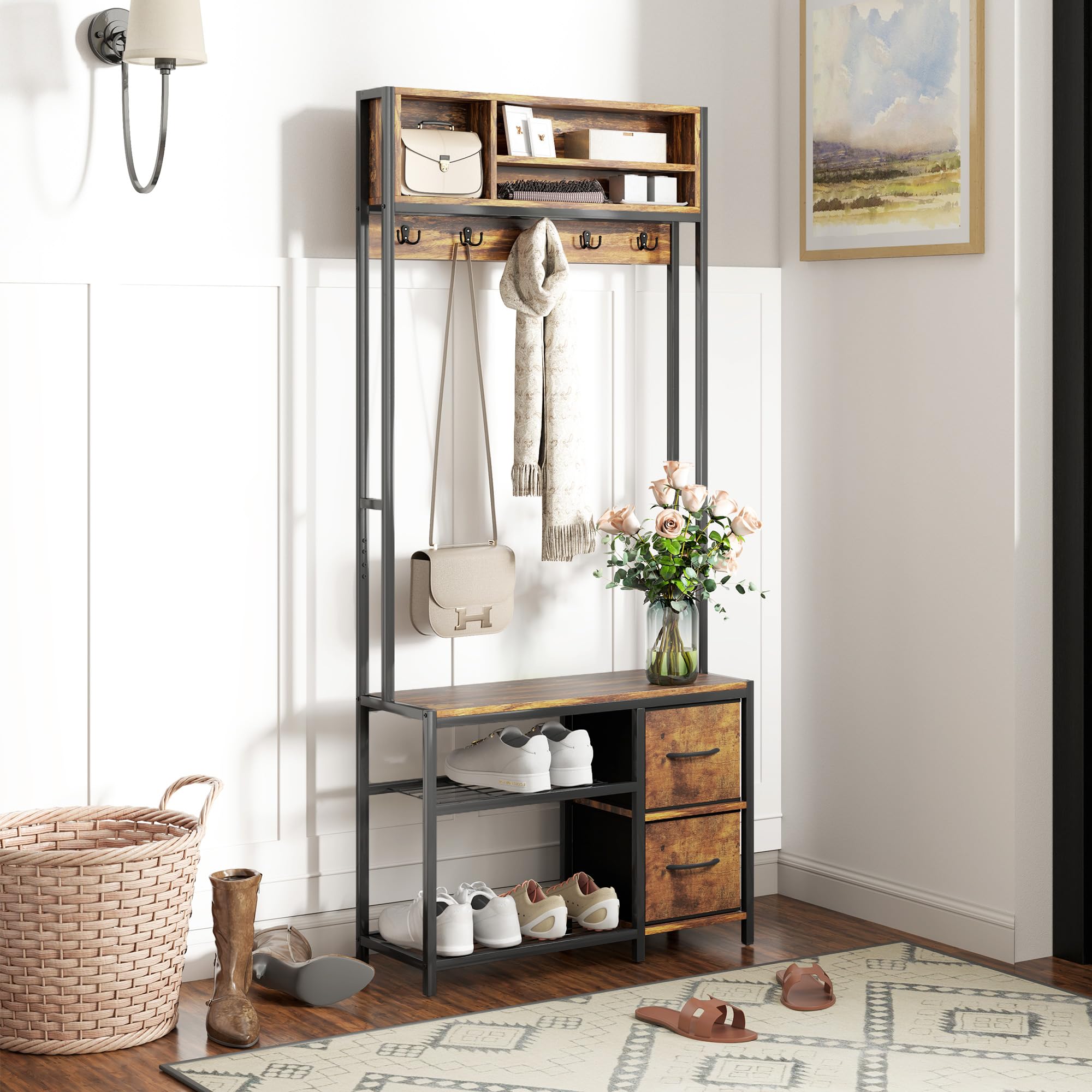 HOMCOM Hall Tree with Bench and Shoe Storage, 5-in-1 Entryway Bench with Coat Rack, 3 Storage Compartments, 5 Coat Hooks, 2 Fabric Drawers, Distressed