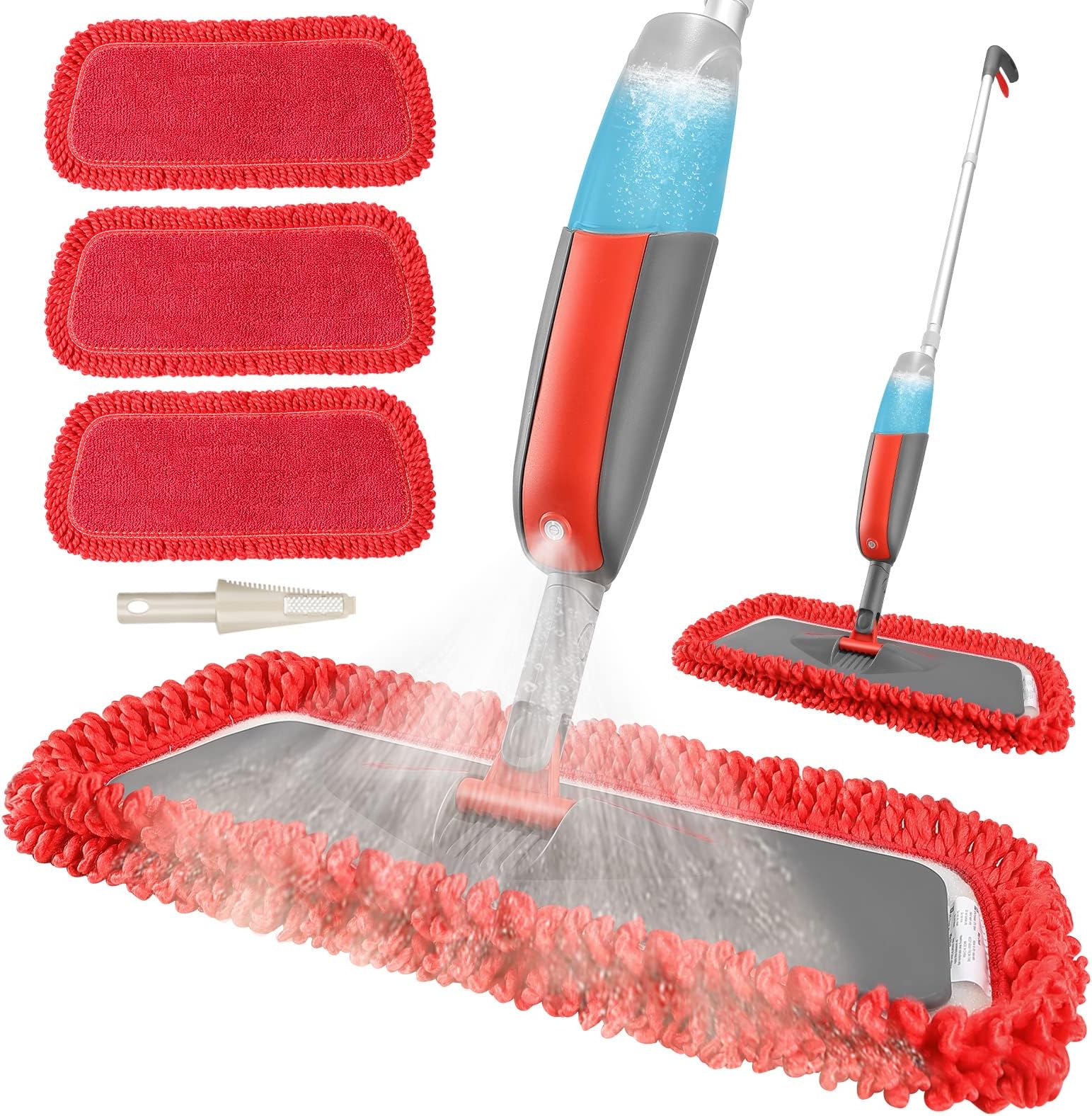 Fixget Microfiber Spray Mop, Red for Wooden Floors, 3 Reusable Pads, 360° Rotatable Head, Ergonomic Handle, Machine Washable