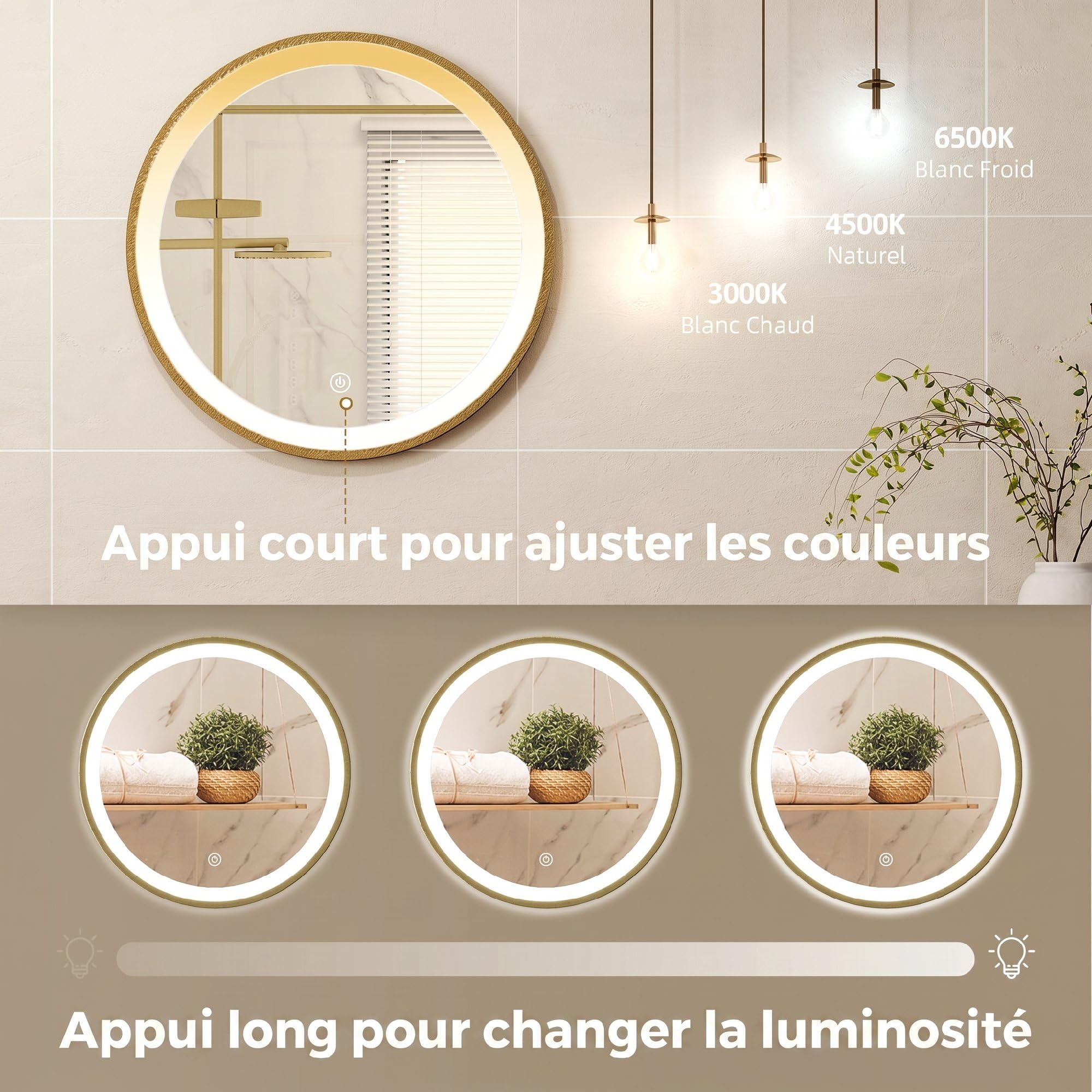 HOMCOM Miroir Salle de Bain avec éclairage LED Rond 40 cm, Miroir Lumineux Mural à 3 températures de Couleur, luminosité réglable, Interrupteur Tactile, doré