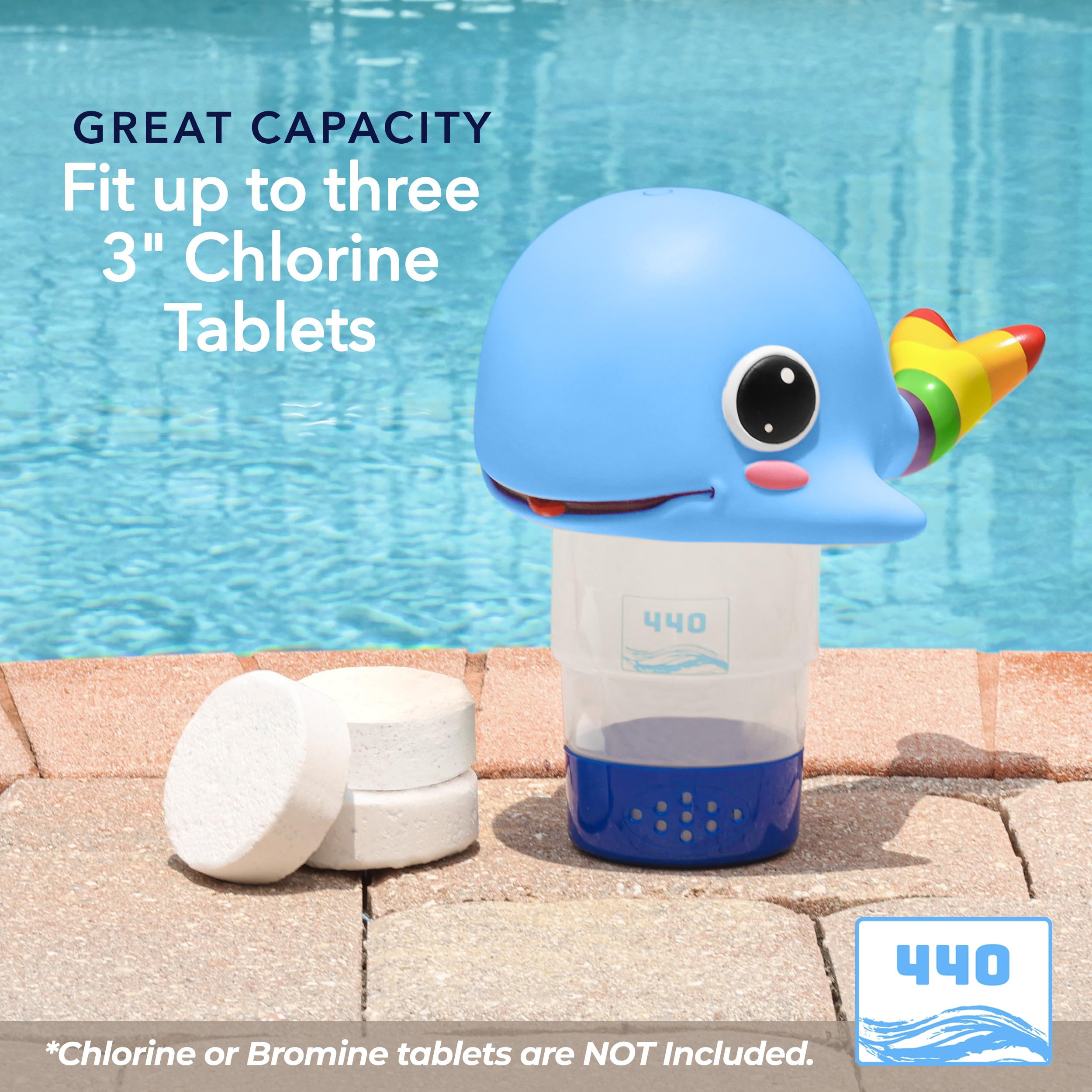 440 Distributeur de chlore flottant de piscine, s'adapte jusqu'à 3 pastilles de chlore de 7,6 cm, débit réglable, contrôle, plastique robuste – Convient pour les petites et grandes piscines – 236,8 g
