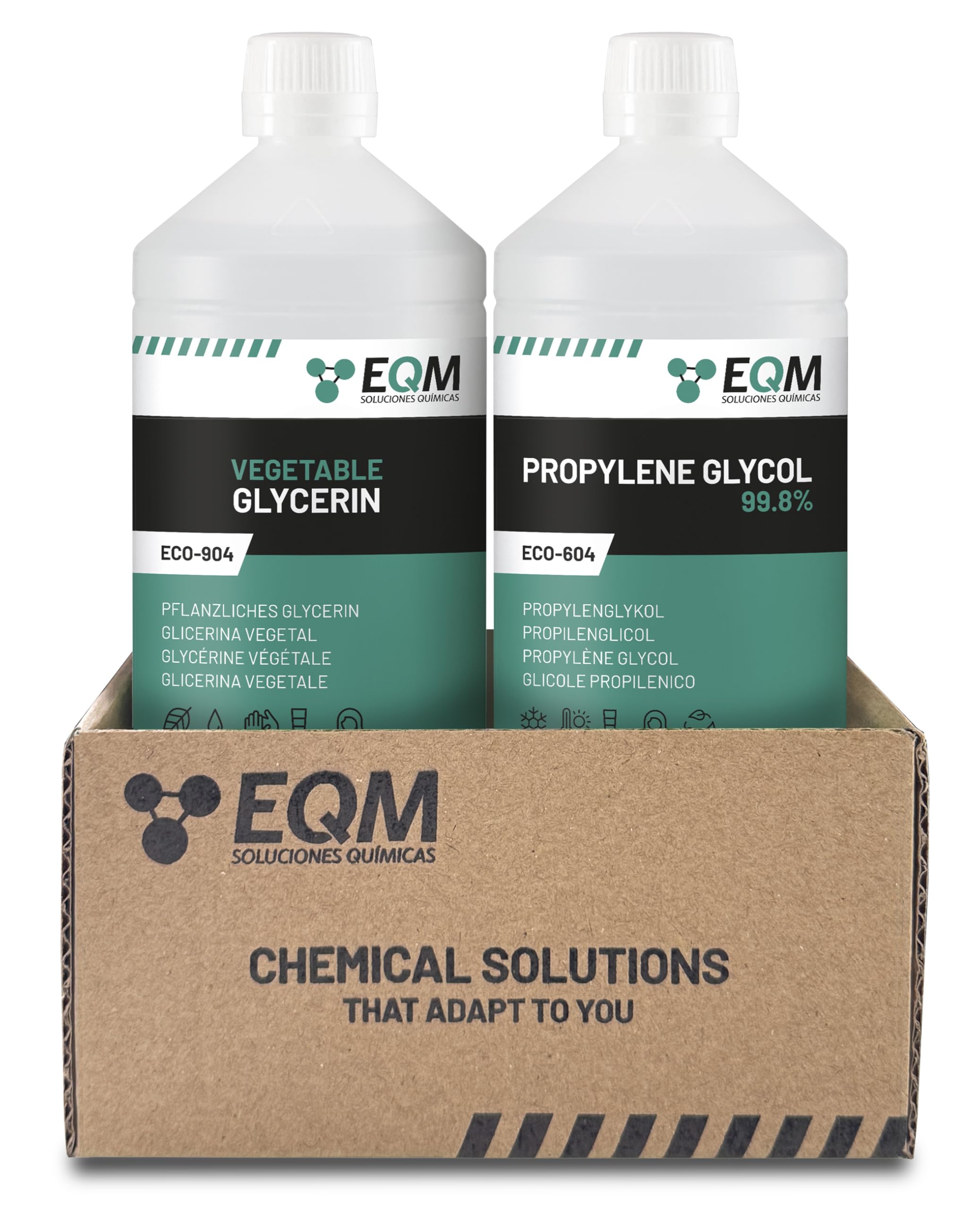 EQM SOLUCIONES QUIMICAS | Pflanzliches Glycerin + Propylenglykol | 1L+1L | 100% biologisch abbaubar | Rein pflanzlich | Hohe Feuchthaltekraft | Ideal für kosmetische Behandlungen | Preisvorteil