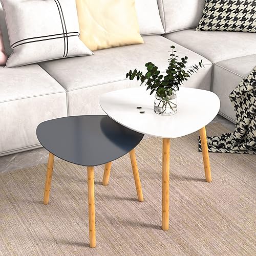 Nesting Table Set of 2, Bamboo End Table for Living Room Side Table for Bedroom Triangle Modern Coffee Table (White & Gray)