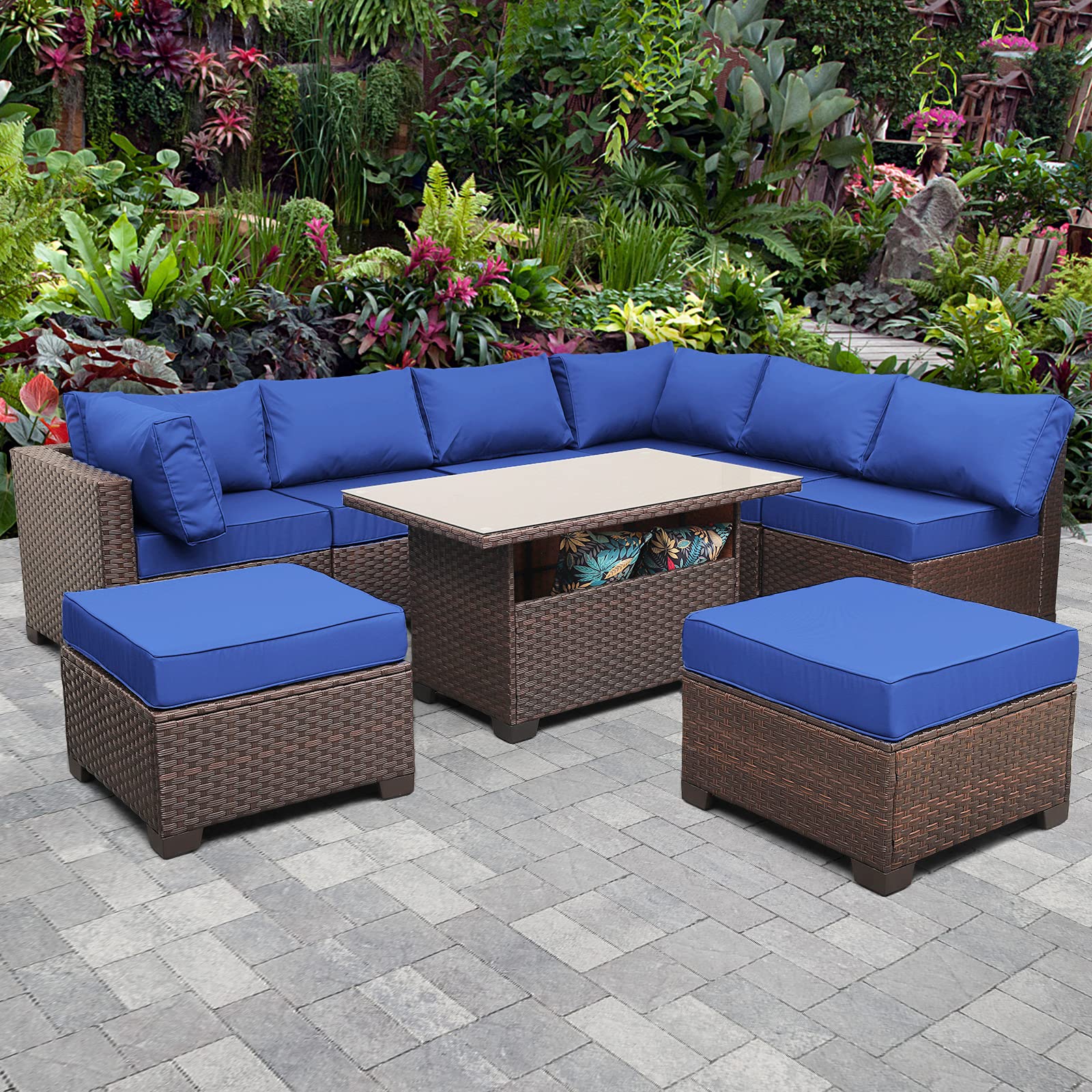 9 Pieces Wicker Patio Furniture Set Outdoor PE Rattan Sectional Conversation Sofa Set with Royal