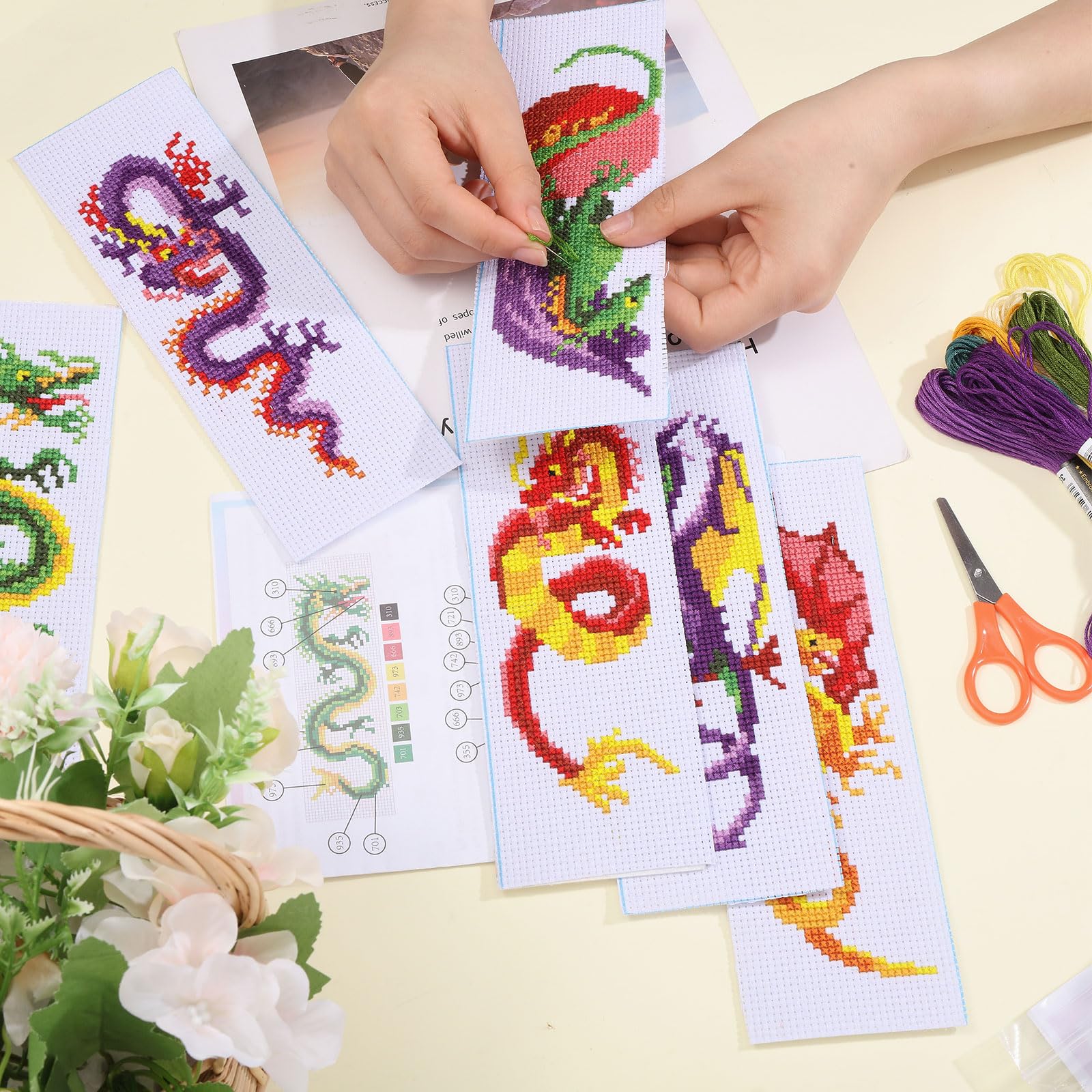 ORIGACH 6 Pcs Cross Stitch Bookmark Kit for Beginner Dragon Pattern Stamped Embroidery Stitch Kits for Starter DIY Bookmarks Printed Cross Stitch Kits with 13 Colors Embroidery Floss 20x6cm - Image 3