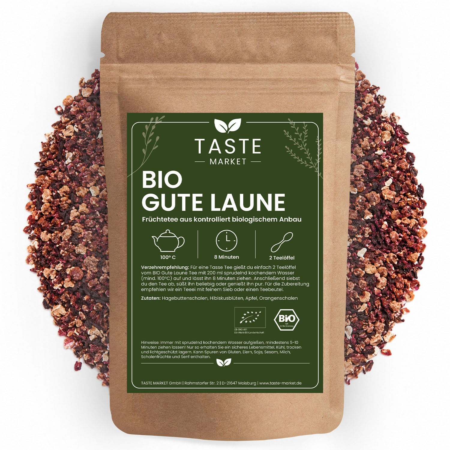 10 kg BIO Früchtetee Gute Laune GRÖSSENAUSWAHL – lose – Früchtetee mit Hibiskus, Orange, Apfel und Hagebutte – Taste Market