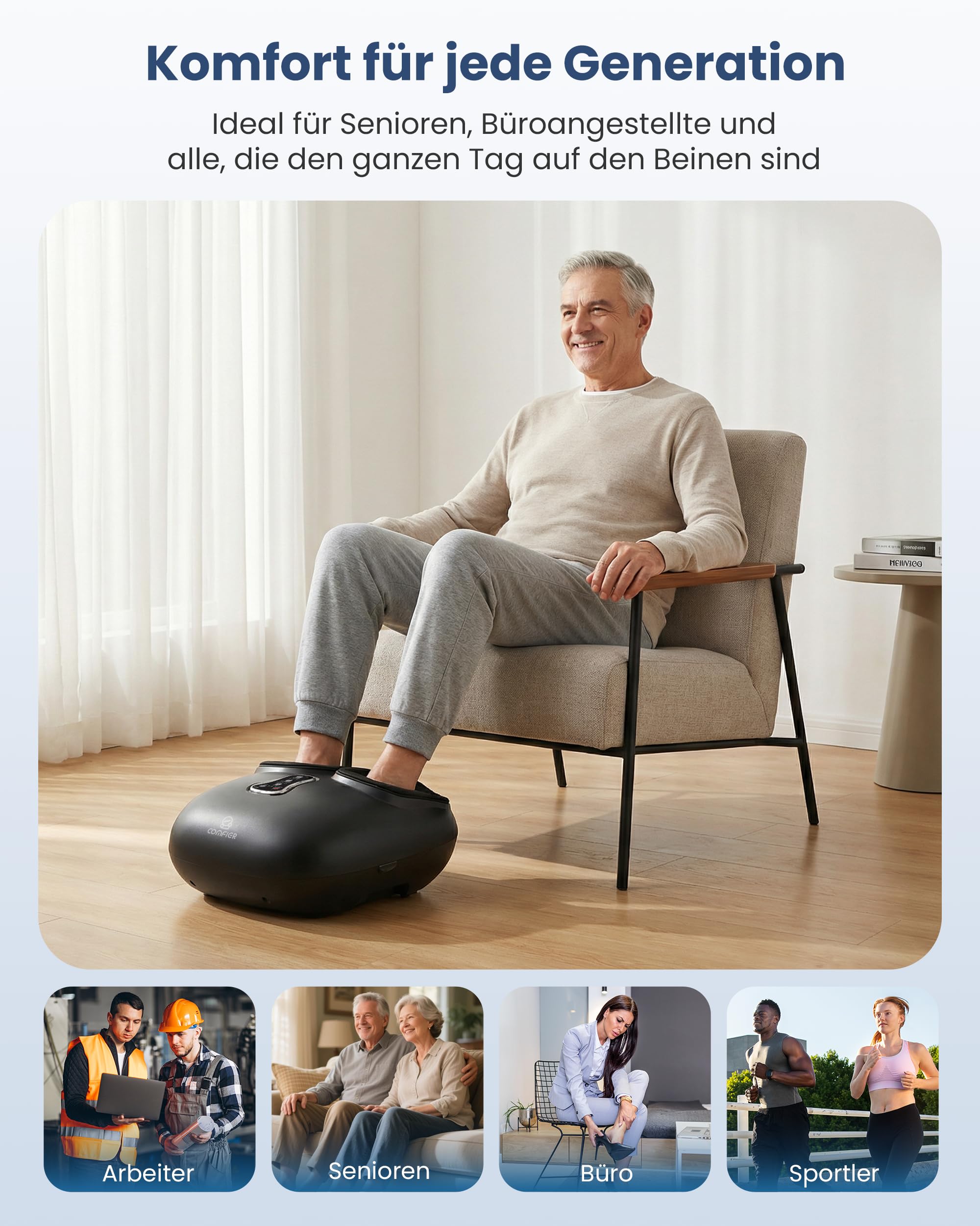 COMFIER Fußmassagegerät, Shiatsu Fussmassagegerät Elektrisch | 3D Kneten, Rollen und Luftkompression, Vibration, 3 Wärmestufen, passend bis Schuhgröße EU 47, Geschenk für Frauen und Männer