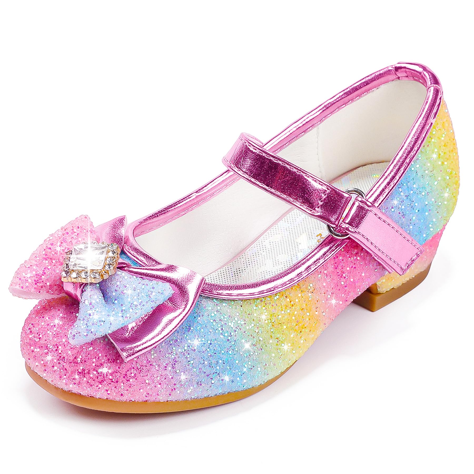 Furdeour Sparkly Girls Dress Shoes Princess Mary Jane Toddler to Big Kids | Kids Heels with Bow, Low Heel, Glitter Upper, Hook-and-Loop, Non-Slip Sole, Flower Girl, Wedding, Birthday, Party