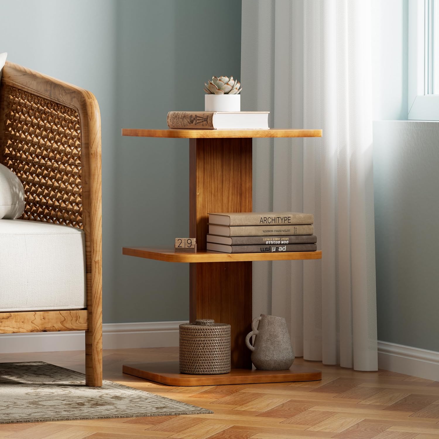 COZAYH Modern Minimalist Wood End Table with 3 Open Shelves, Farmhouse Plant Stand, Small Bookshelf for Living Room, Bedroom