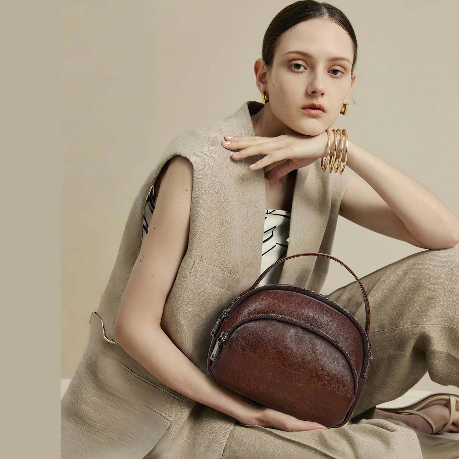 HESHE Genuine Leather Crossbody Bags Leather Purses for Women Vintage Small Shoulder Handbags with Multi-Pockets - Image 2