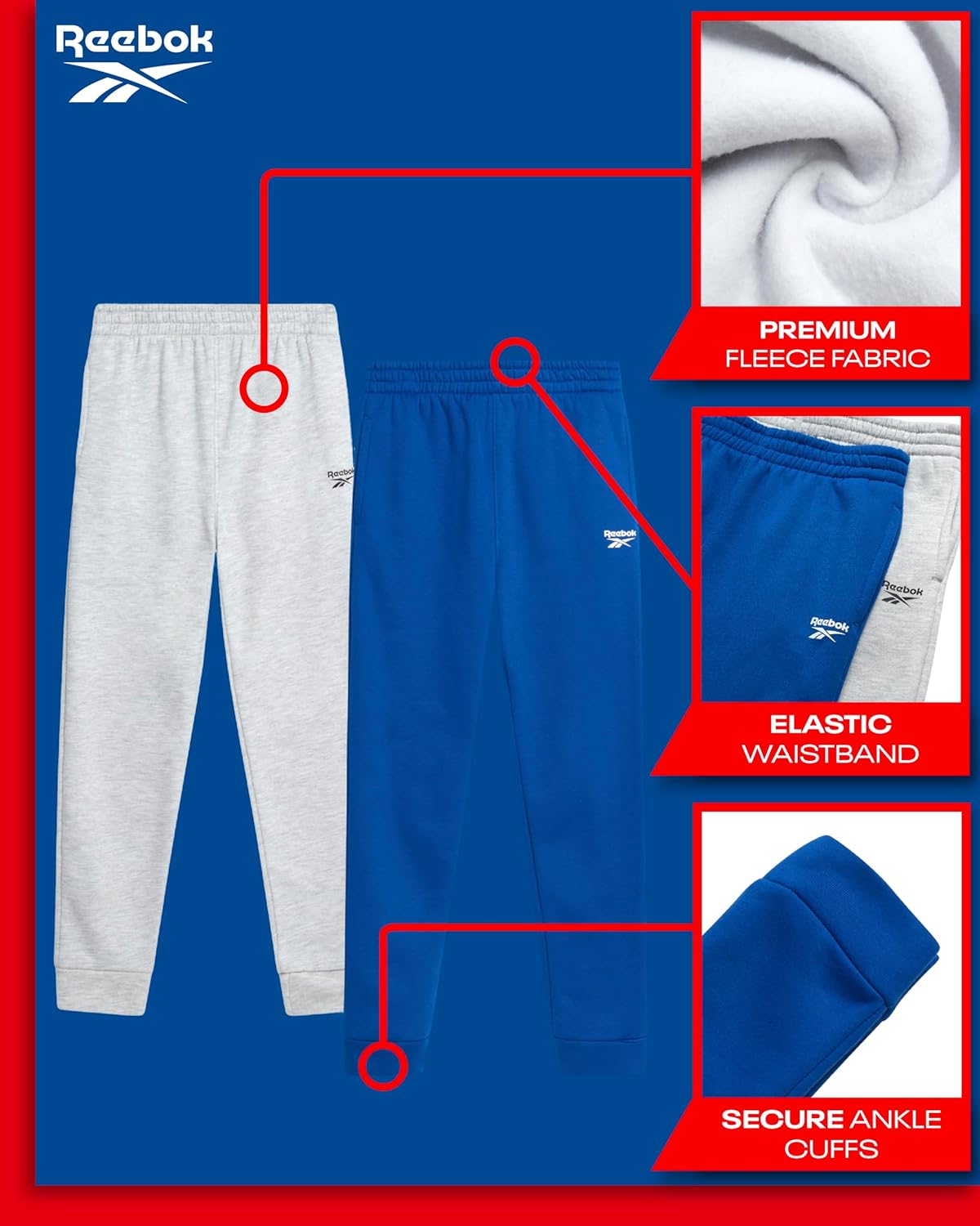 Reebok Boys Sweatpants - 2 Pack Performance Fleece Boys Joggers Athletic Pants with Elastic Waistband for Toddlers and Kids - Image 2