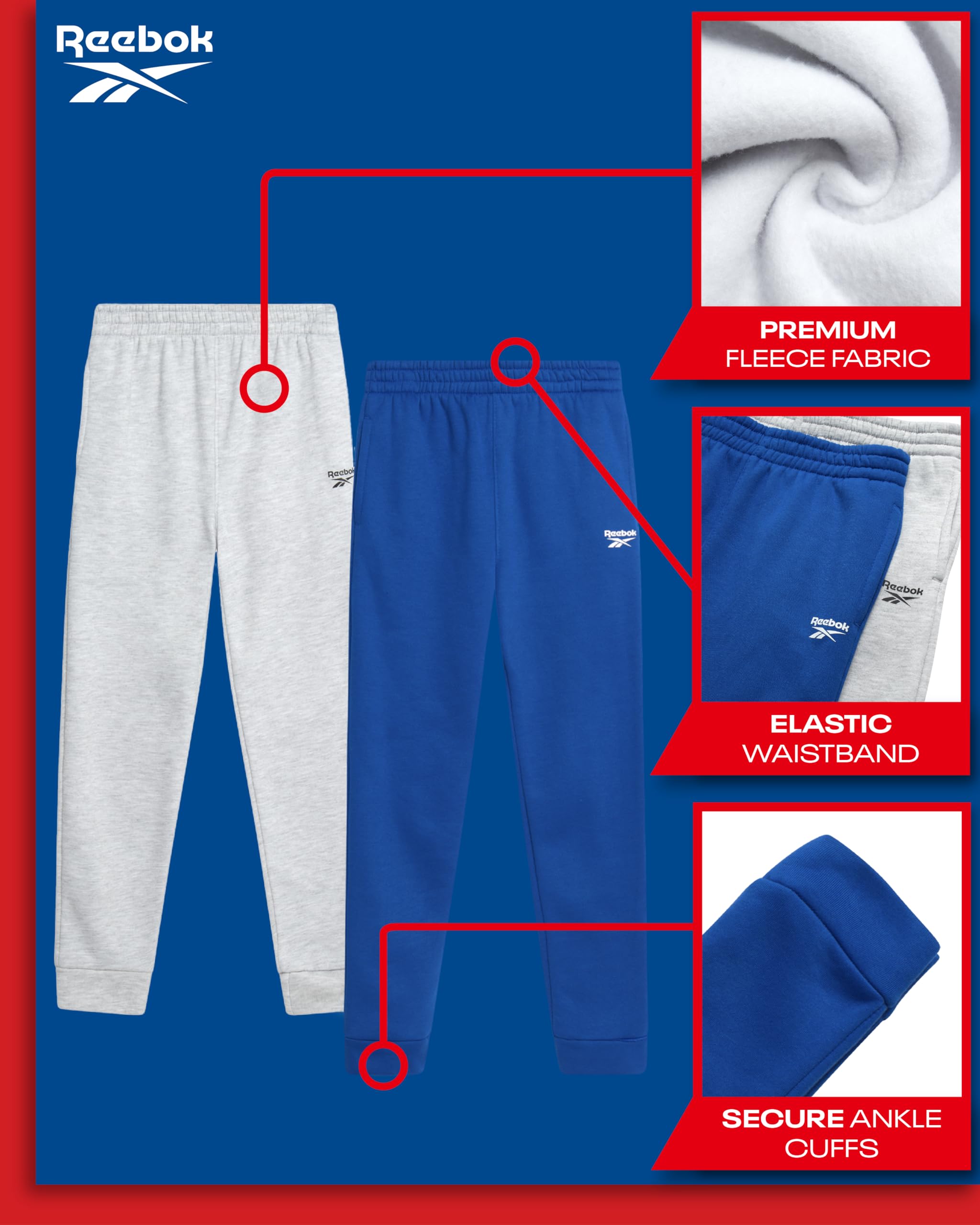 Reebok Boys Sweatpants - 2 Pack Performance Spun Fleece Boys Joggers Athletic Pants with Pockets for Running & Workout (8-14), Size 7, Light Grey Heather/Vector Blue