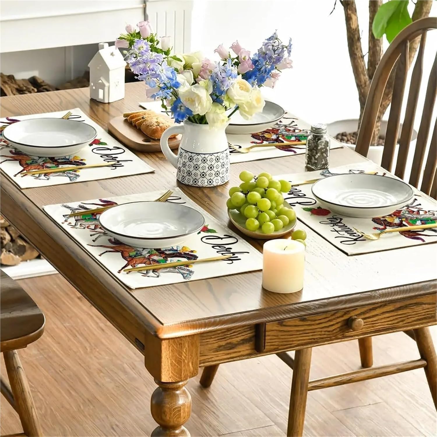 Horse Racing Decor Set of 4 Placemats for Kentucky Horse Racing Party Dining Kitchen Deco and Supplies Festival 12x18(1p)