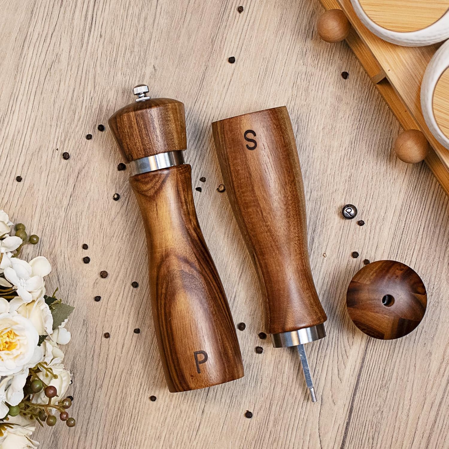 Haomacro 2 Pack Acacia Wood Salt and Pepper Grinder Set Kitchen Home 8 Inch