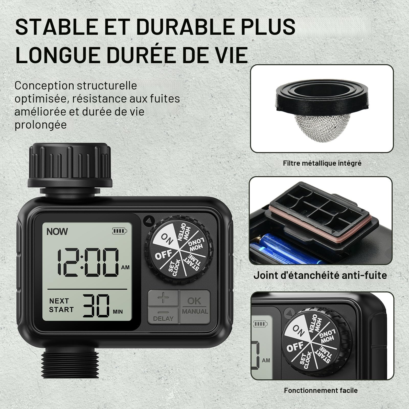 Ordinateur d'irrigation, minuteur d'arrosage avec Retard de Pluie/Mode Automatique et Manuel, IPX5 étanche/Grand écran LCD, minuterie d'eau pour Jardin, pelouse (1 Sorties)