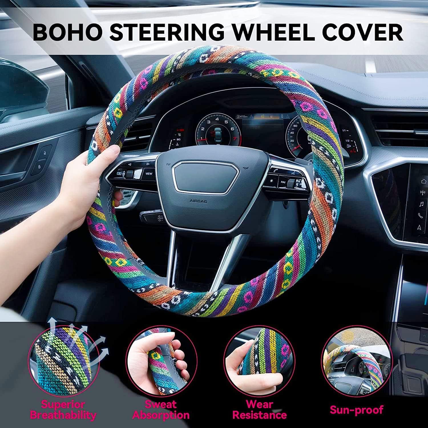 Boho Steering Wheel Cover Elastic Microfiber for Women, Universal Fit 15 inch Car SUV, Hippie Style Protector Cover, Anti-Slip, Breathable, Absorbing Sweat - 01 - Image 3