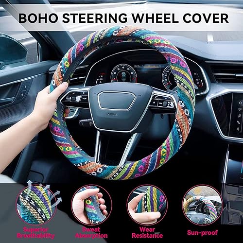 Miniatura 3 de Boho Steering Wheel Cover Elastic Microfiber for Women, Universal Fit 15 inch Car SUV, Hippie Style Protector Cover, Anti-Slip, Breathable, Con