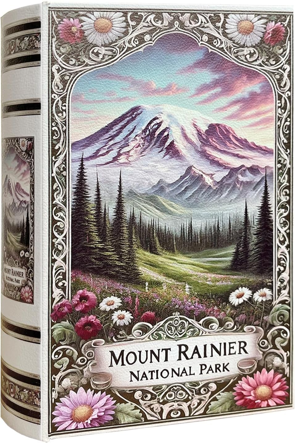 Decorative Wooden Book Box - Vintage Faux Book Boxes with National Park Design, Secret Storage with Magnetic Closure, Leather Cover, Perfect for Home Office Bookshelf (Mount Rainier)