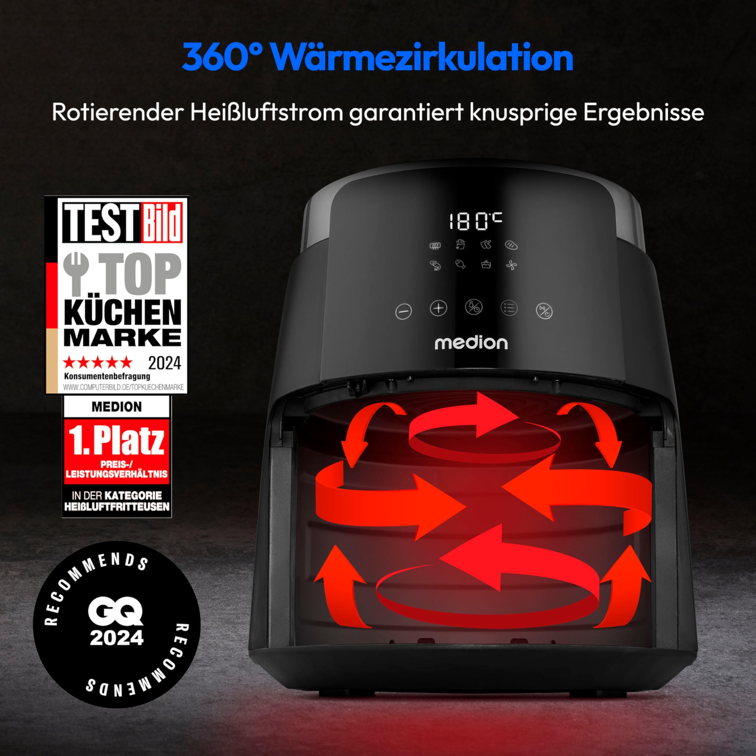 MEDION P40 L Heißluftfritteuse (4,7 Liter, Airfryer, 1500 Watt, einfache Bedienung, ölfreies Frittieren, 60 Min Timer, bis zu 200° C, Antihaft-Beschichtung, MD13030) schwarz