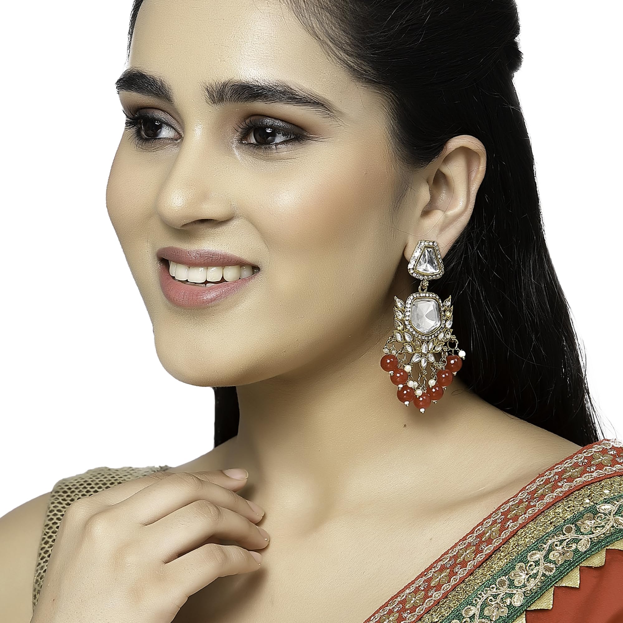Gold-Plated Kundan & Pearls Mirror Drop Earrings
