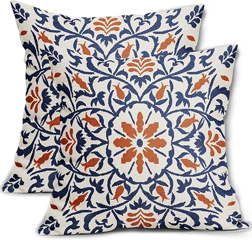 Juego de 2 fundas de almohada bohemias de 18 x 18 pulgadas, color azul marino y naranja, estilo bohemio étnico, estampado de flores vintage, fundas