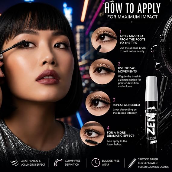 FARMASi Zen Extension Lash Mascara, Lengthening & Volumizing Effect, Clump-Free Definition, Smudge-Free Wear, Silicone Brush for Separated Fuller-Looking Lashes, Blackest Black, 0.27 fl oz