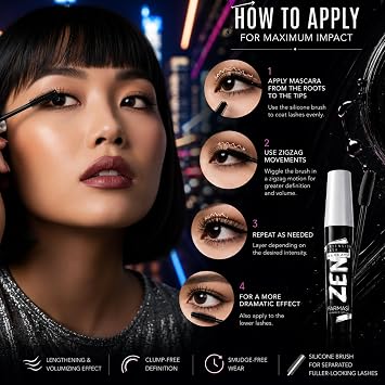 FARMASi Zen Extension Lash Mascara, Lengthening & Volumizing Effect, Clump-Free Definition, Smudge-Free Wear, Silicone Brush for Separated Fuller-Looking Lashes, Blackest Black, 0.27 fl oz