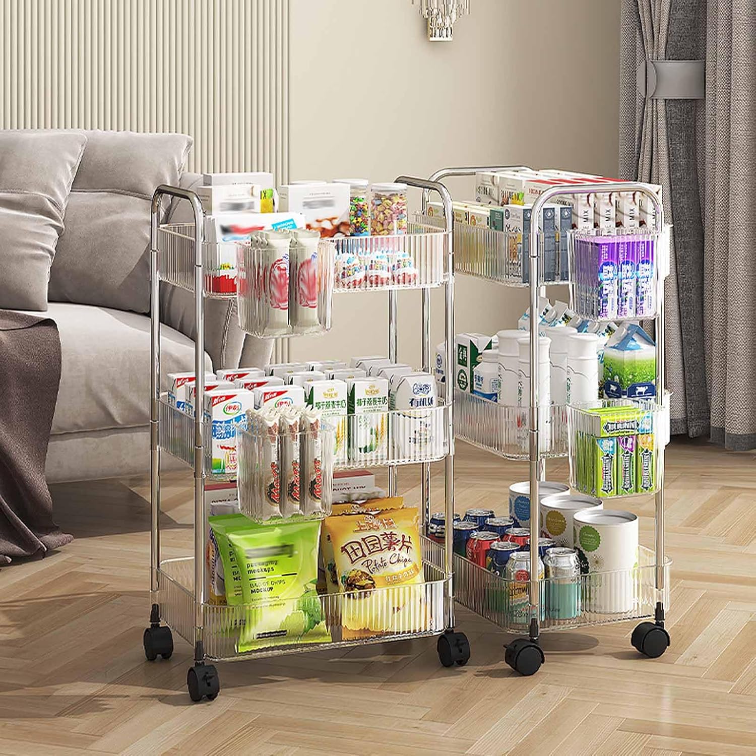 3-Tier Rolling Utility Cart, Multifunctional Storage Shelves with Metal Handle and Lockable Wheels for Room,Office,Kitchen,Bathroom