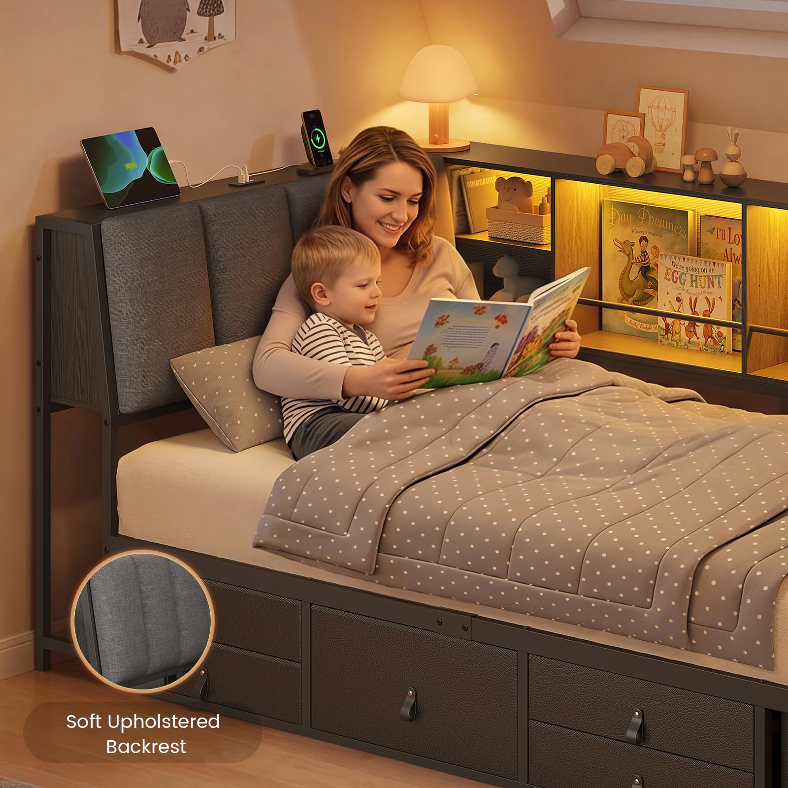 KIMENICH Sofá Cama 90x200 con Luces LED y Enchufe de Carga, Cama Individual con 7 Cajones y Espacio de Almacenamiento, Respaldo Ergonómico de 105°, Estructura de Cama de Metal, Negro