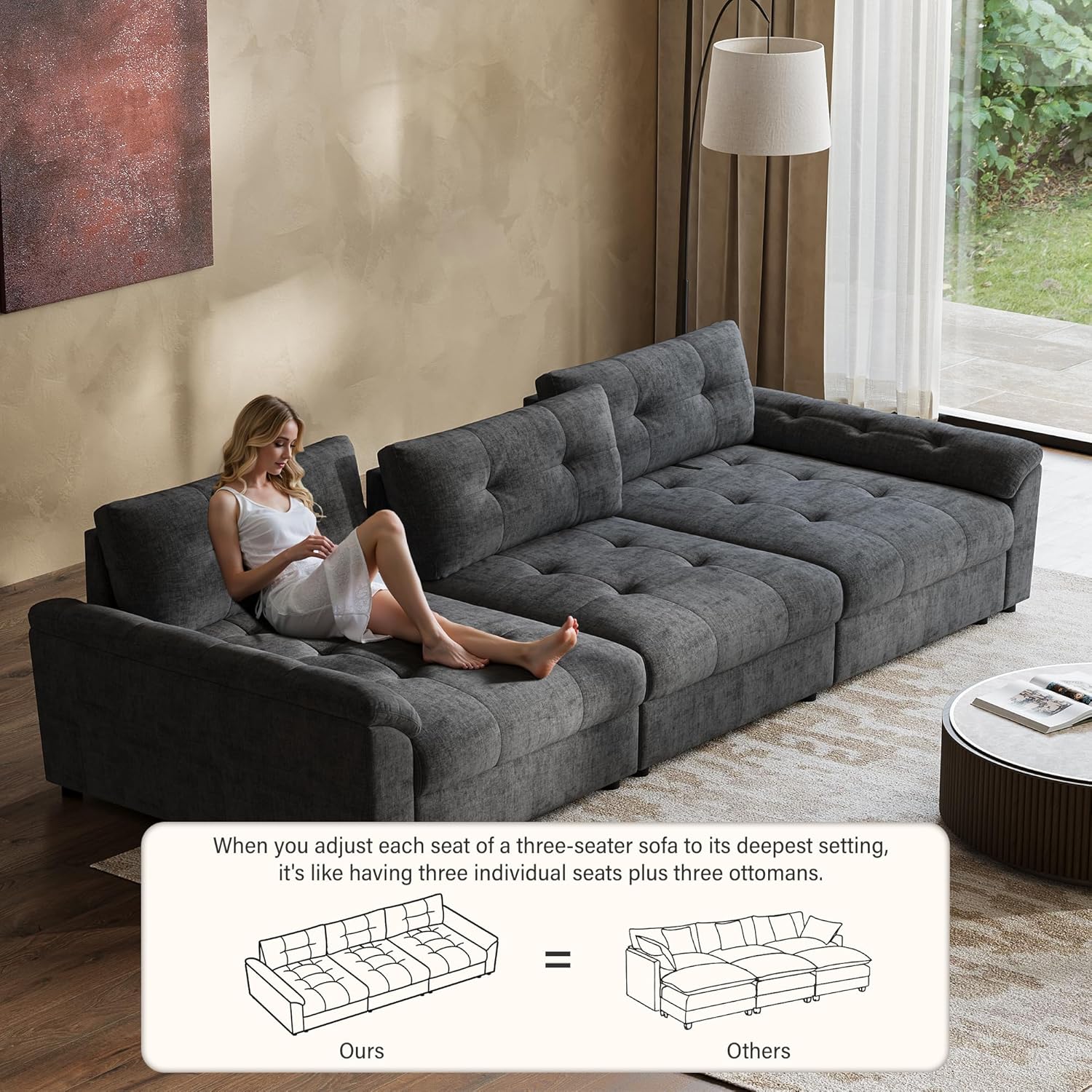 Oversized Sectional Couches for Living Room, Modular Sectional Sofa with Storage & Adjustable Back, Chenille Tufted Cloud Couch Deep Seat Loveseat Sofa, 3 Seater, Dark Gray