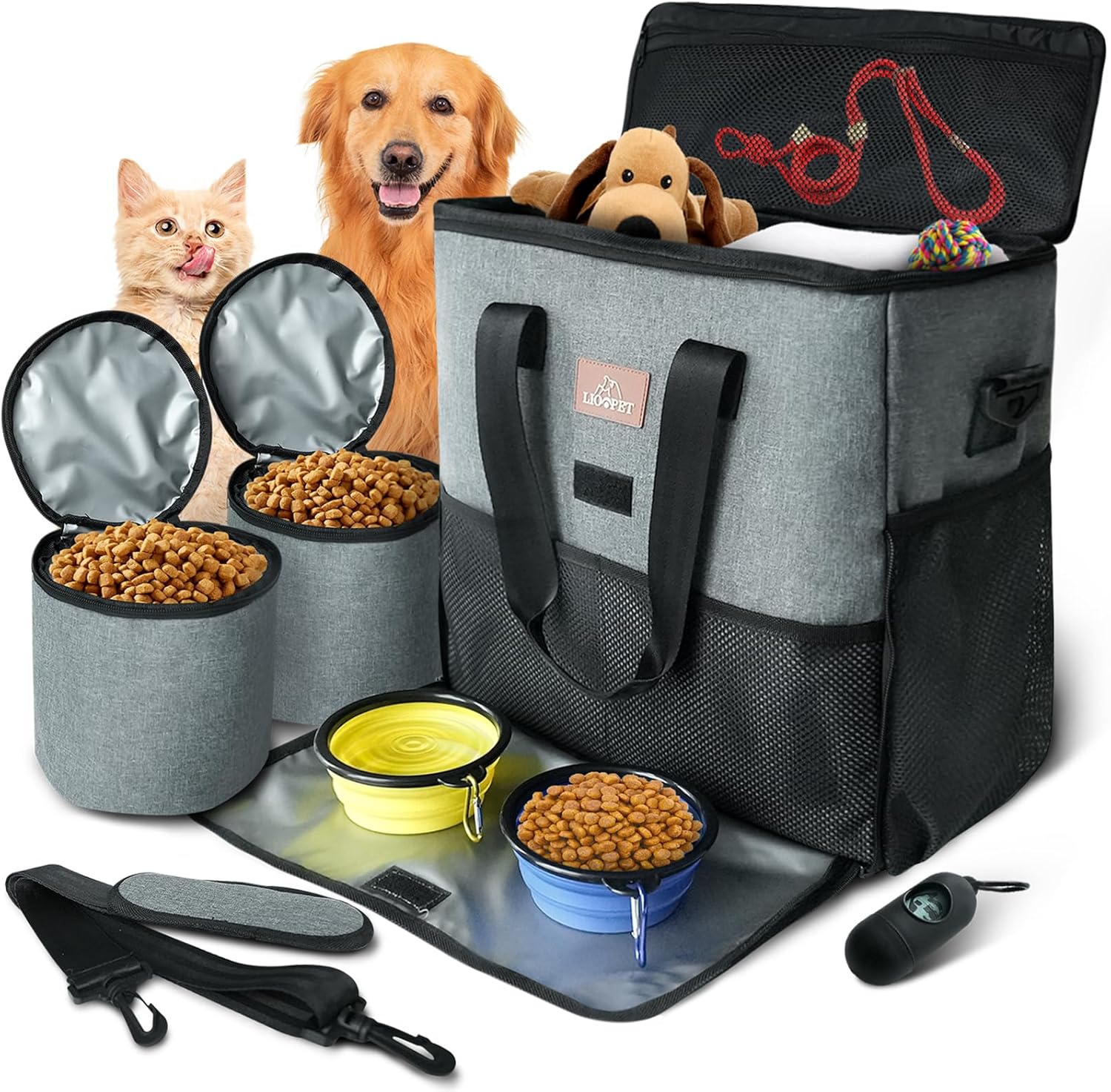 32L Dog Travel Bag, Large Pet Travel Bag with 2 Extra Large Food Containers, 2 Collapsible Dog Bowls, 1 poop bag with dispenser, Pet travel, Weekend Trips, Overnight, Outdoor Activities, grey