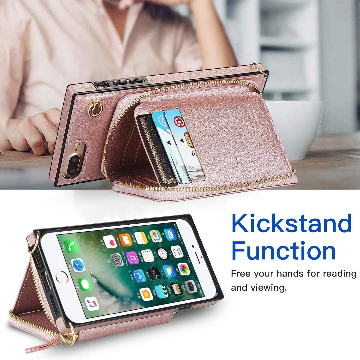 Asuwish Phone Case for iPhone 6plus 6splus 7plus 8plus i 6/6s/7/8 Plus Wallet Cover with Screen Protector and Zipper Card Holder Slot iPhone6splus i Phone7s 7s 7+ 8s 8+ Phones8 6+ Women Men Rose Gold