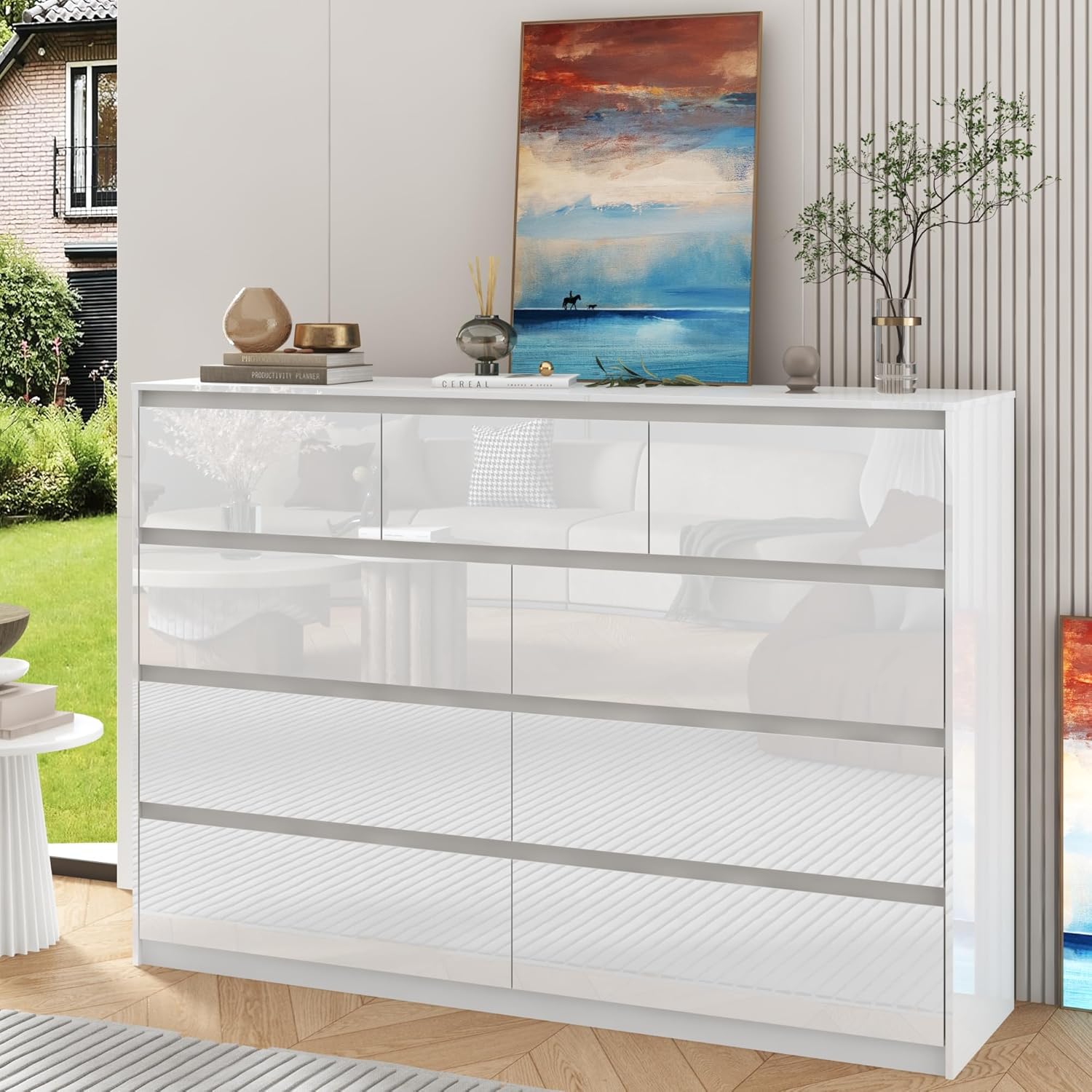 jiteentarou White Malm Dresser for Bedroom, 59" Wide 41" Tall High Gloss Dresser with 9 Drawers, Modern Large Wood Chest of Drawer Handle Free, Living Room, Entryway, Hallway, White