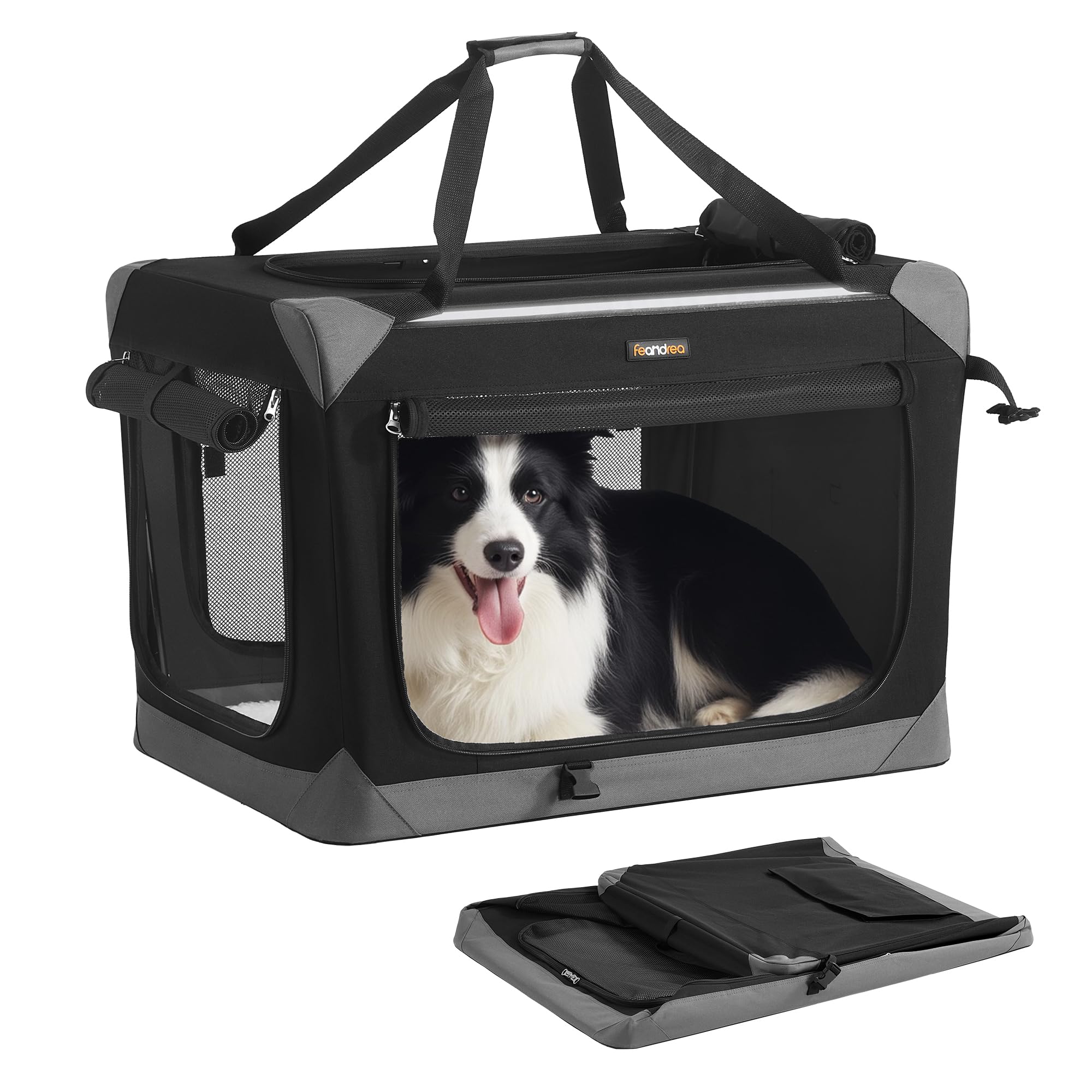 Feandrea Collapsible Dog Crate, Portable Oxford Fabric Pet Travel Crate with 4 Mesh Doors, Handles, Pocket, 30 Inches, for Medium Dogs, Ink Black and Dove Gray UPDC027BH01
