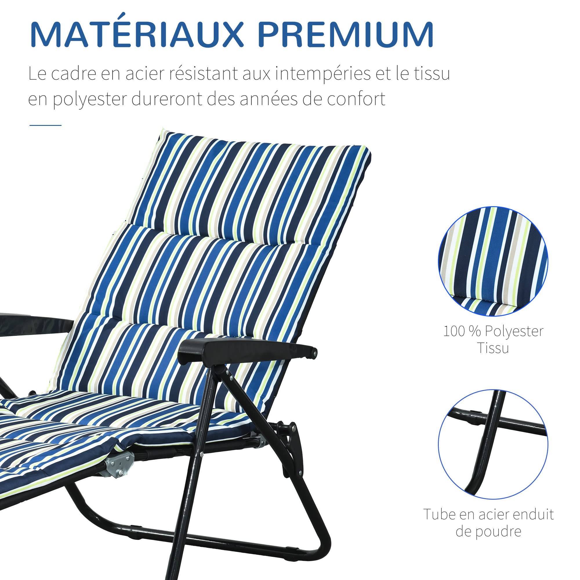 Outsunny Bain de Soleil Pliable Transat Inclinable 6 Positions Multicolore | Grand Confort, Avec Matelas, Accoudoirs, Acier Polyester, leger, Jardin Extérieur