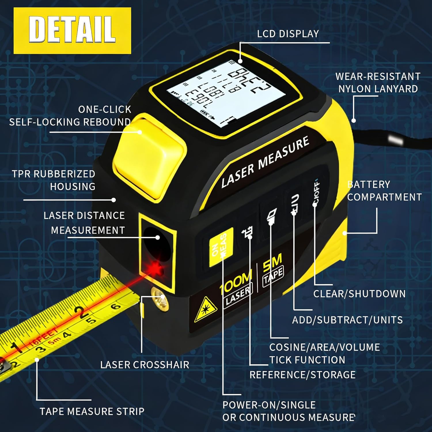4-in-1 Laser Tape Measure 328FT, Digital Laser Distance Meter,16FT Steel Tape, Dual-Axis Electronic Angle & Crosshair Level,Area/Volume/Pythagorean,LCD Rechargeable Measuring Tool(Yellow)
