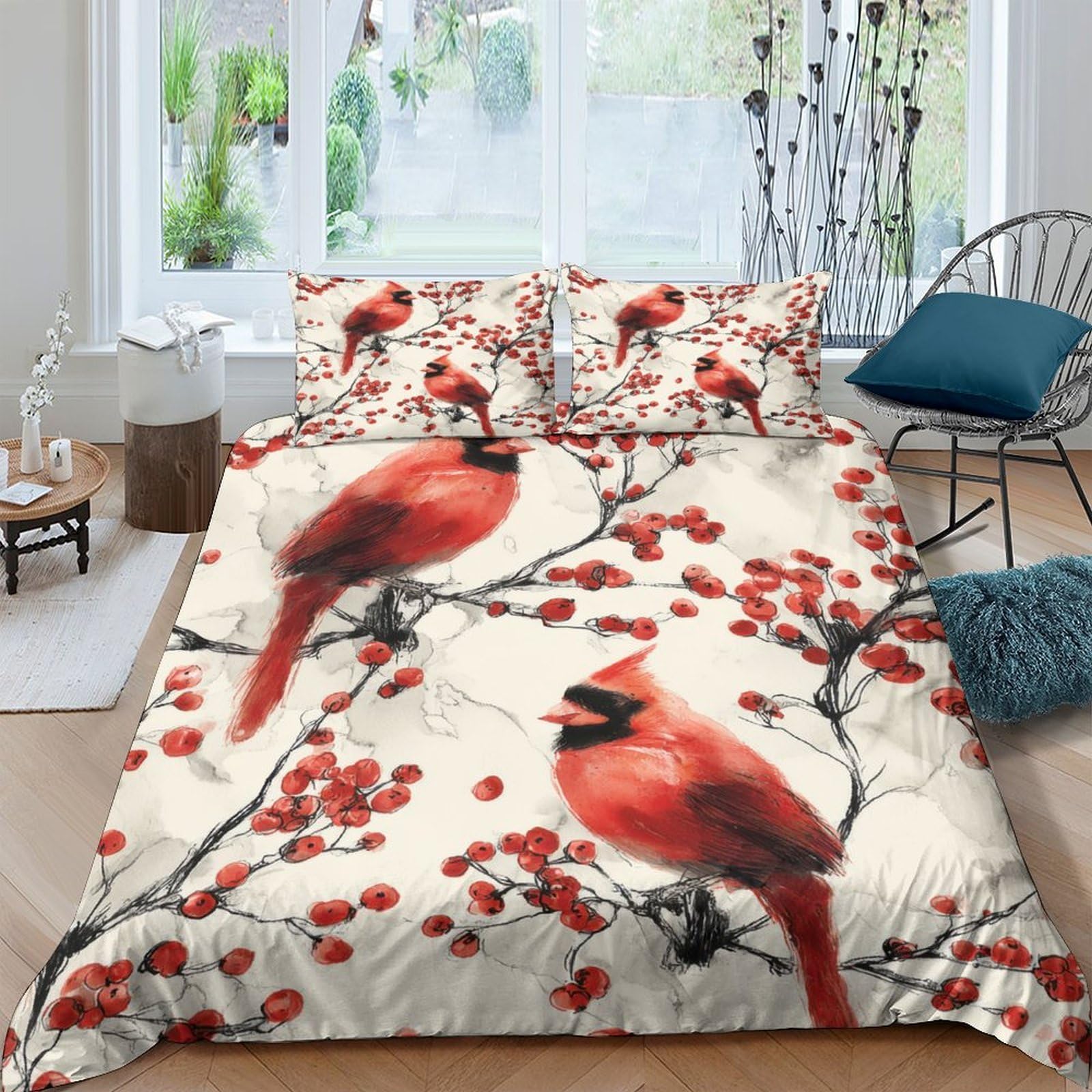 Ctjqhvkz Style-4 3D Printed Red Cardinal Bird Fitted Sheet Microfiber Soft Anti-Slip Cherry Blossom Mattress Cover Bedroom Decor Single（135X200cm）
