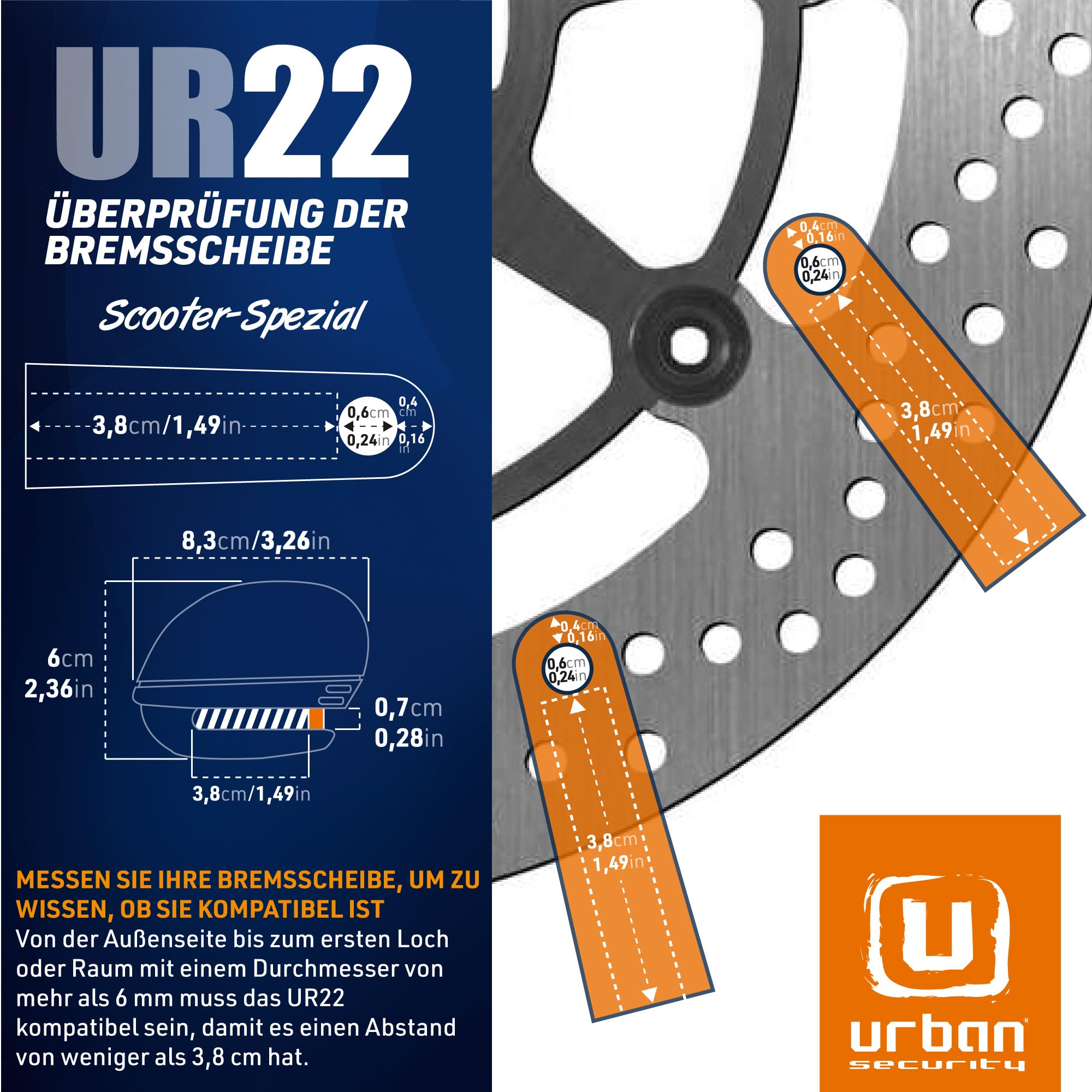 URBAN UR22 Bremsscheibenschloss Ohne/Mit Alarm Hi-Tech 120dB+LED+Warnfunktion Optionale Aktivierung, Langlebige Batterie, Wasserdicht, Motorradschloss Diebstahlsicherung Vespa Spezial Universal 6mm