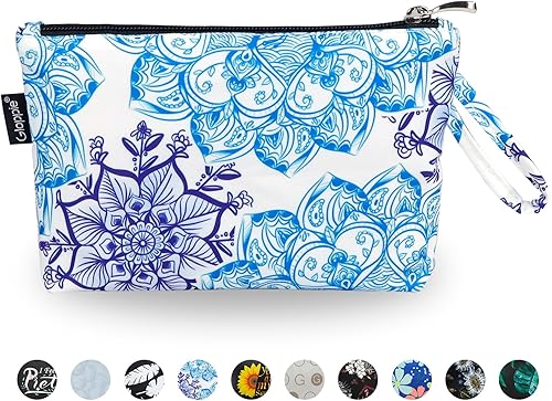 Gloppie Bolsa de maquillaje de viaje para mujer, bolsa de cosméticos, pequeña bolsa de maquillaje con cremallera, D- Flor azul blanca, Moda