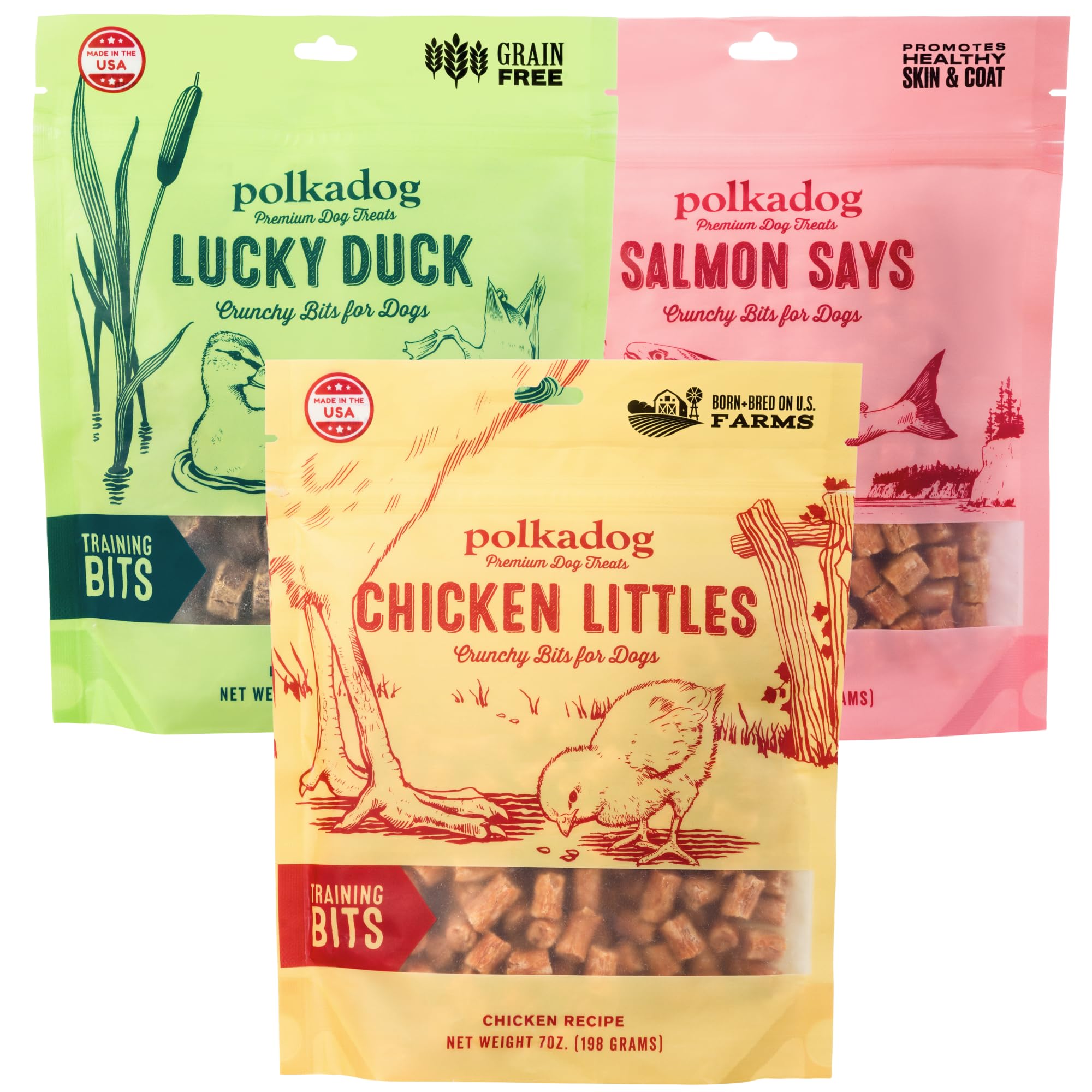 Polkadog Crunchy Training Bits Variety 3 Pack - Chicken Littles, Lucky Duck, Salmon Says, All Natural, Limited Ingredient, Training Treats for Dogs,