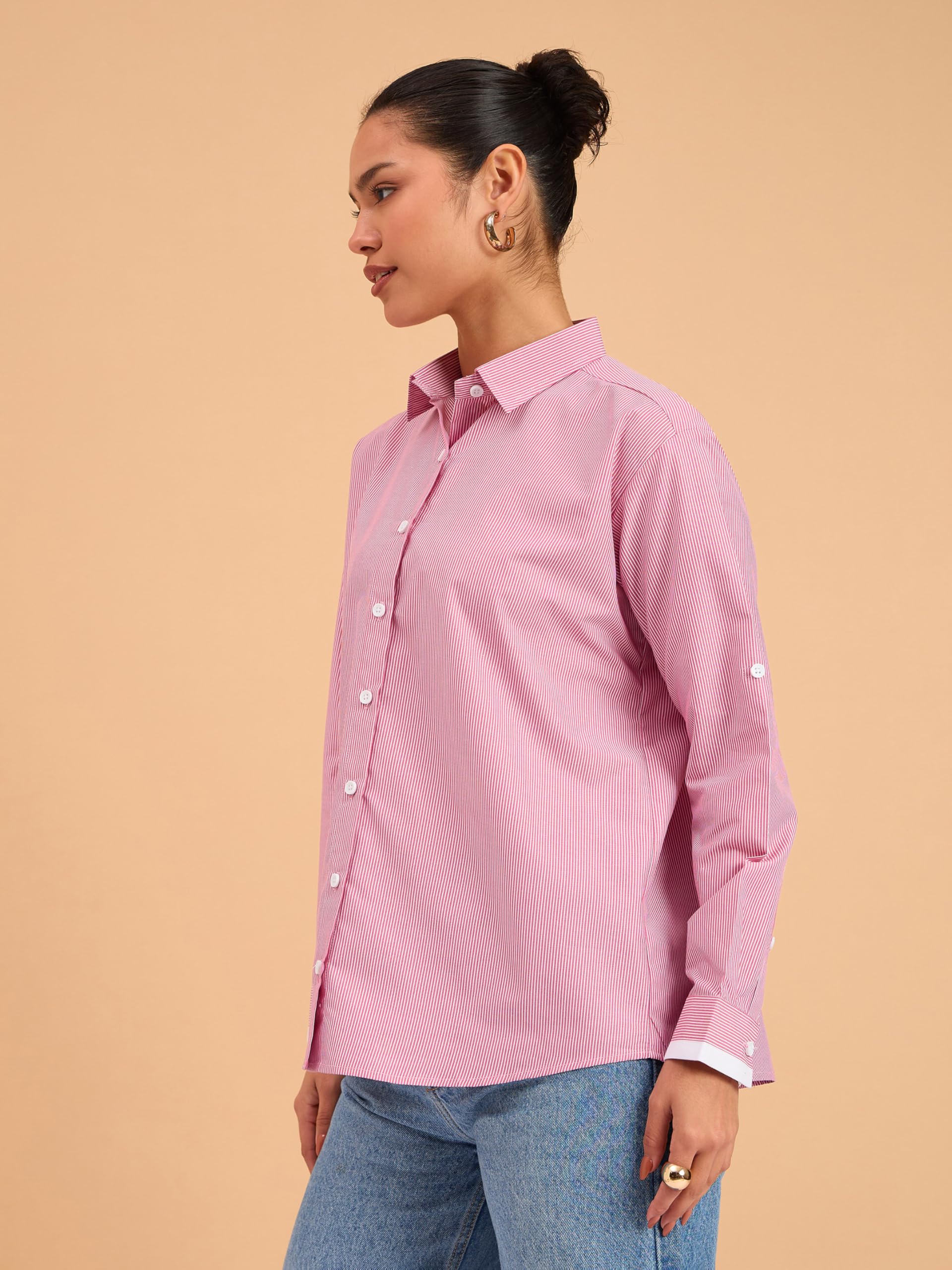 barcino Fuchsia Striped Roll Up Sleeves Shirt - Image 3 thumbnail