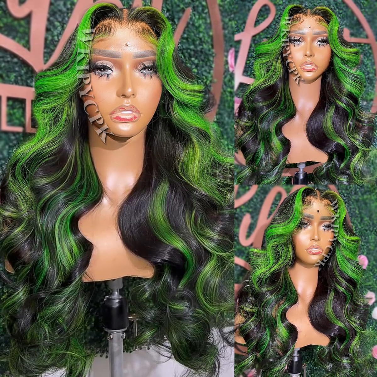 WKIPYCPK Green Highlight Lace Front Wig Black Hair with Green Skunk Stripe Synthetic Lace Front Wigs for Black Women 24 Inch Long Body Wave Heat