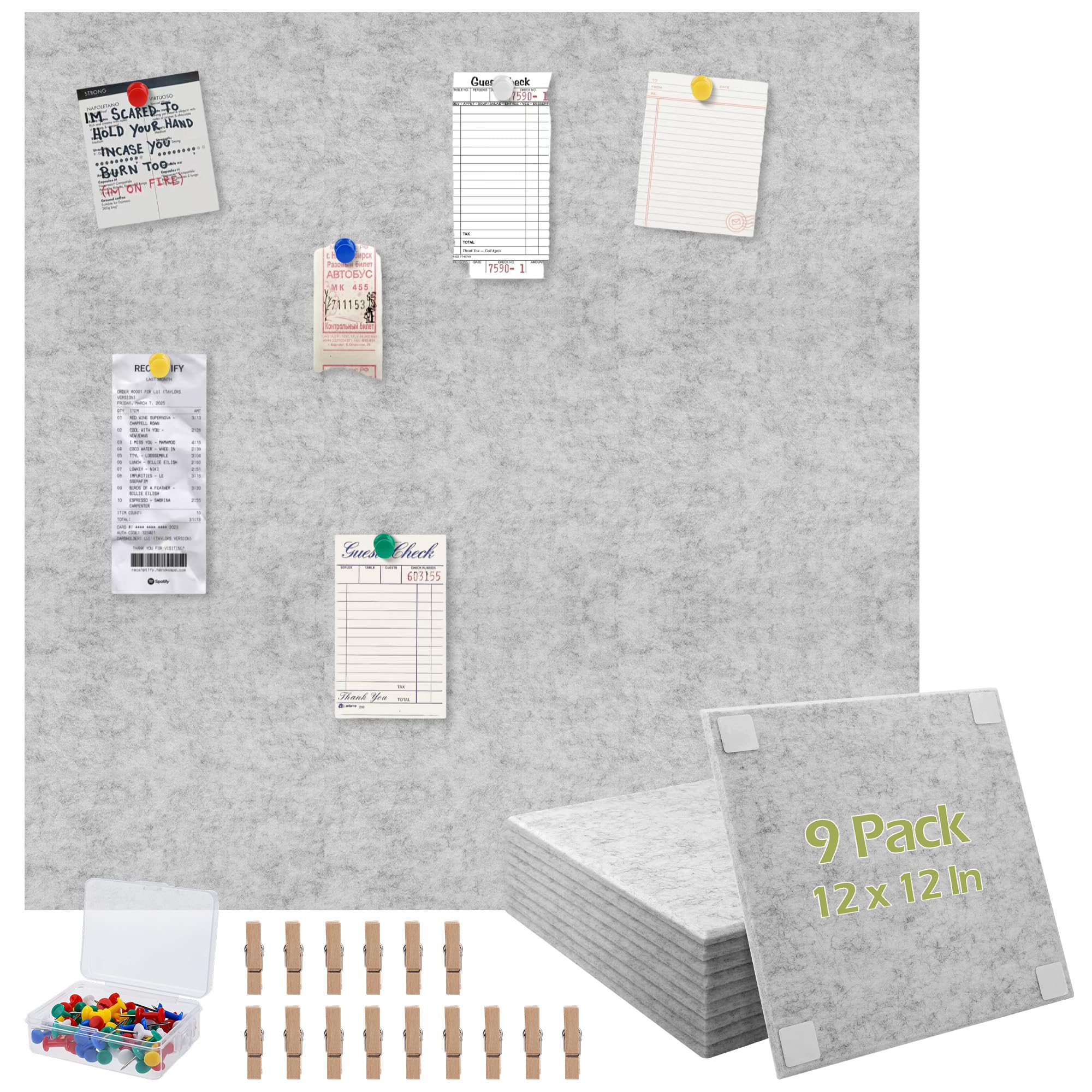 Aodaer 9 Pack Large Felt Bulletin Board, 12 x 12 Inch Felt Board Tiles, Cork Boards with 40 Double Sided Adhesive Dots 50 Pushpins 20 Clips, 9 mm Thick Pinboard for Wall Office Home Decor, Light Gray