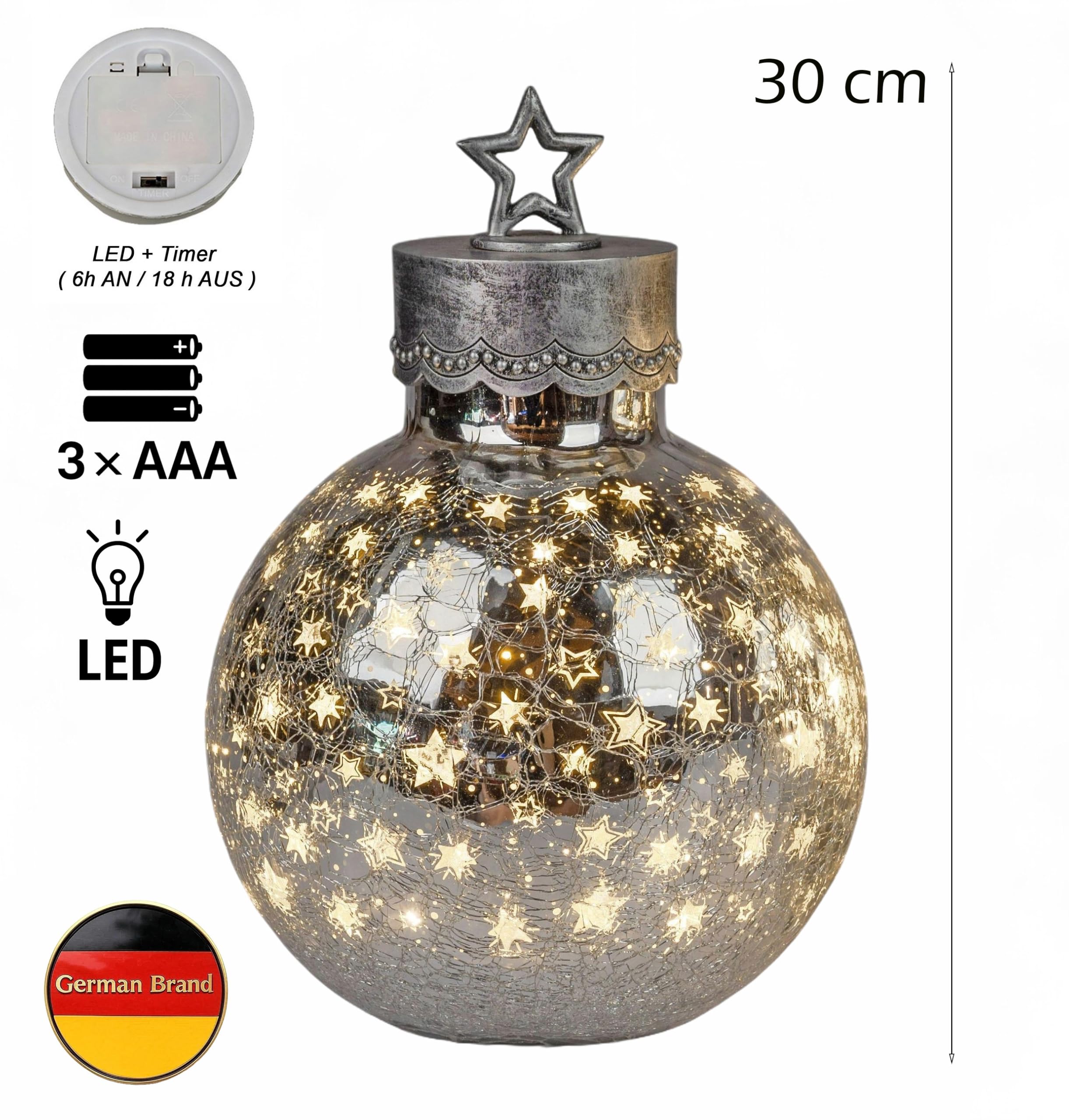 formano LED Deko-Kugel 30cm Silber Sterne Glaskugel mit Timer 6h/18h beleuchtet - Batteriebetrieben - Herbst Winter Weihnachtsdeko für Tisch Regal Fensterbank