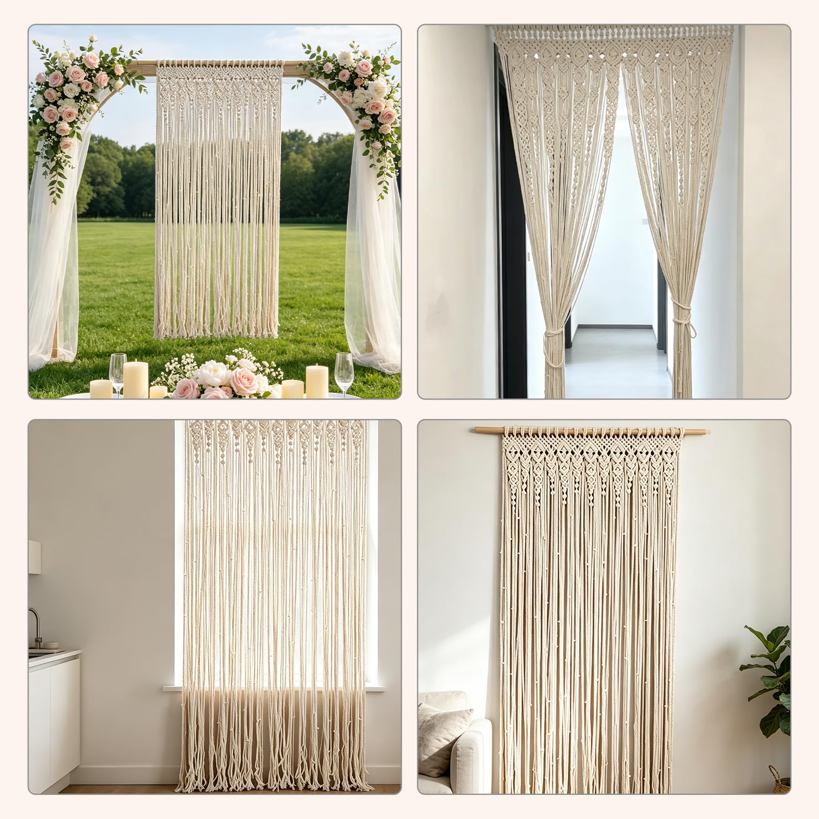 Rideau de porte tissé à la main, tapisserie murale en macramé pour décoration de fond de mariage, tapisserie tissée à la main, beige (90 x 180 cm)