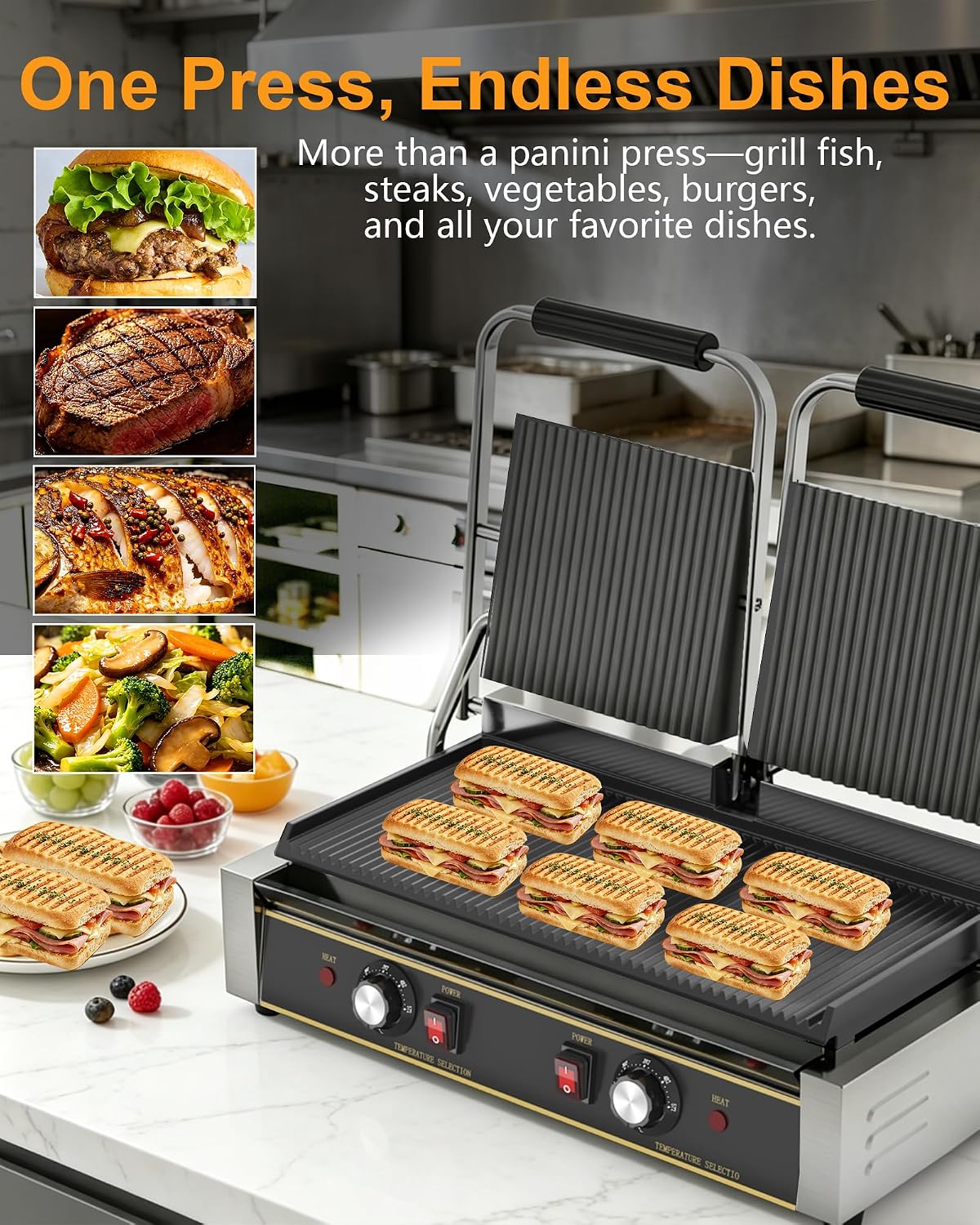 Commercial Panini Press - 3600W Electric Panini Grill, Stainless Steel, Dual Temp Controls, Double Sandwich Press w/Nonstick 19"x9" Grooved Cooking Pan, Removable Drip Tray