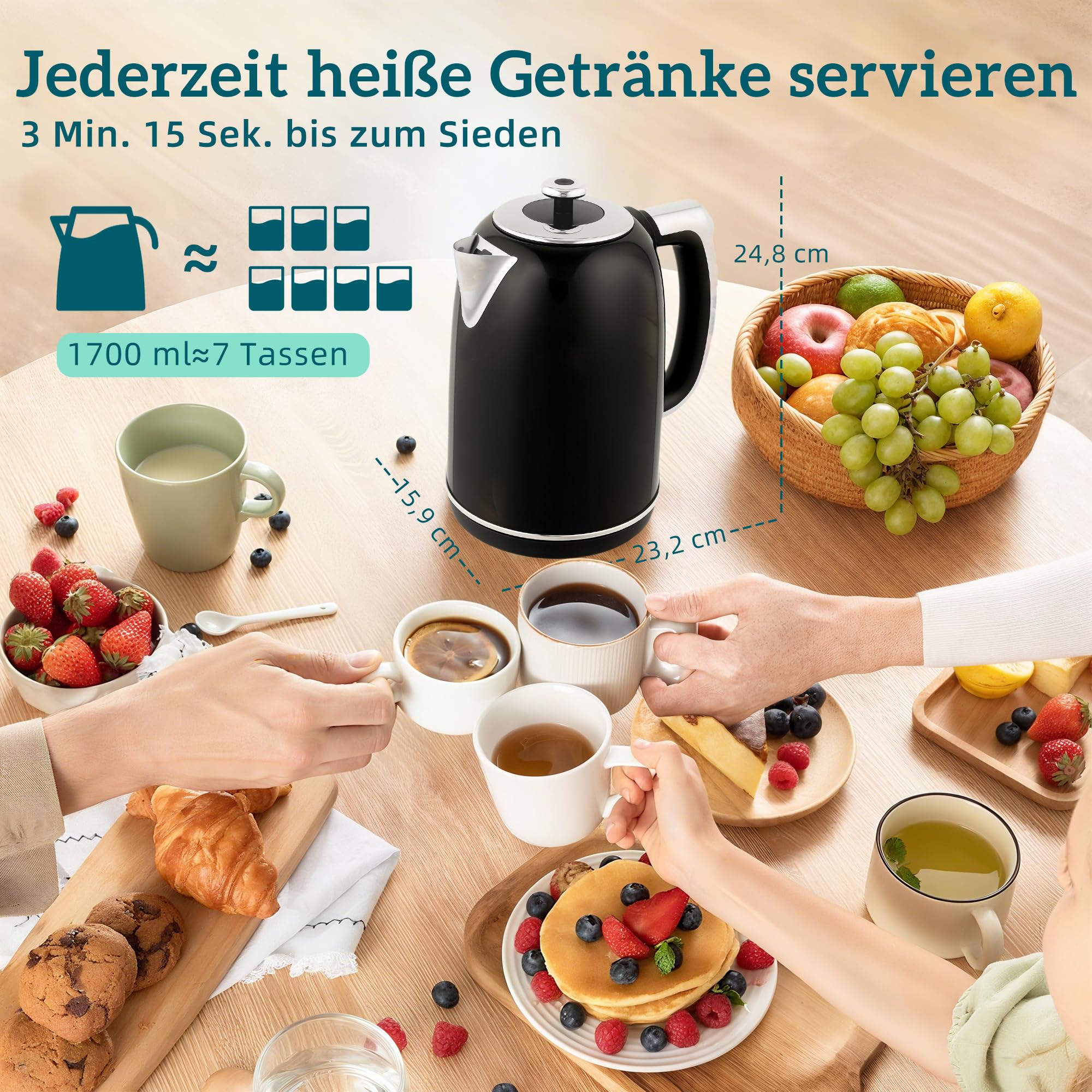 HOMCOM Wasserkocher Toaster Set 1,7L 2200W Edelstahl 2 Scheiben 6 Bräunungsstufen LED Schwarz